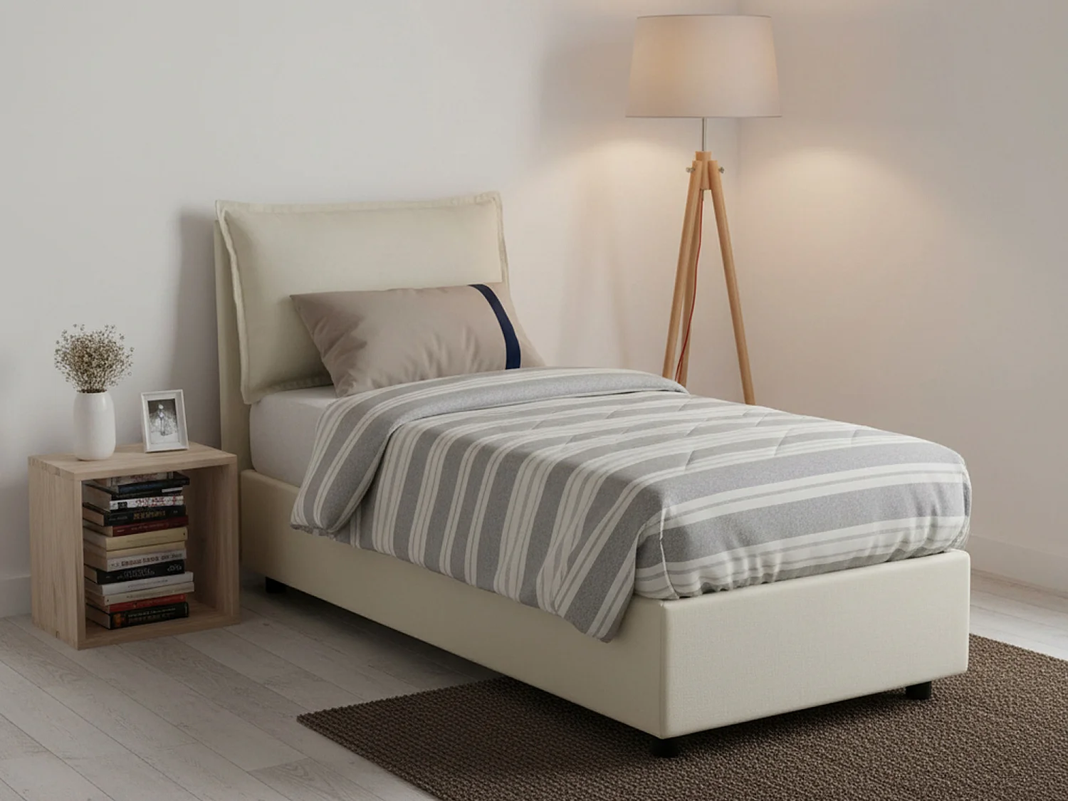 Cama individual Dmangone, Cama contenedor con revestimiento de tela, 100% Made in Italy, Apertura lateral, con colchón 80x190 cm incluido, Beige