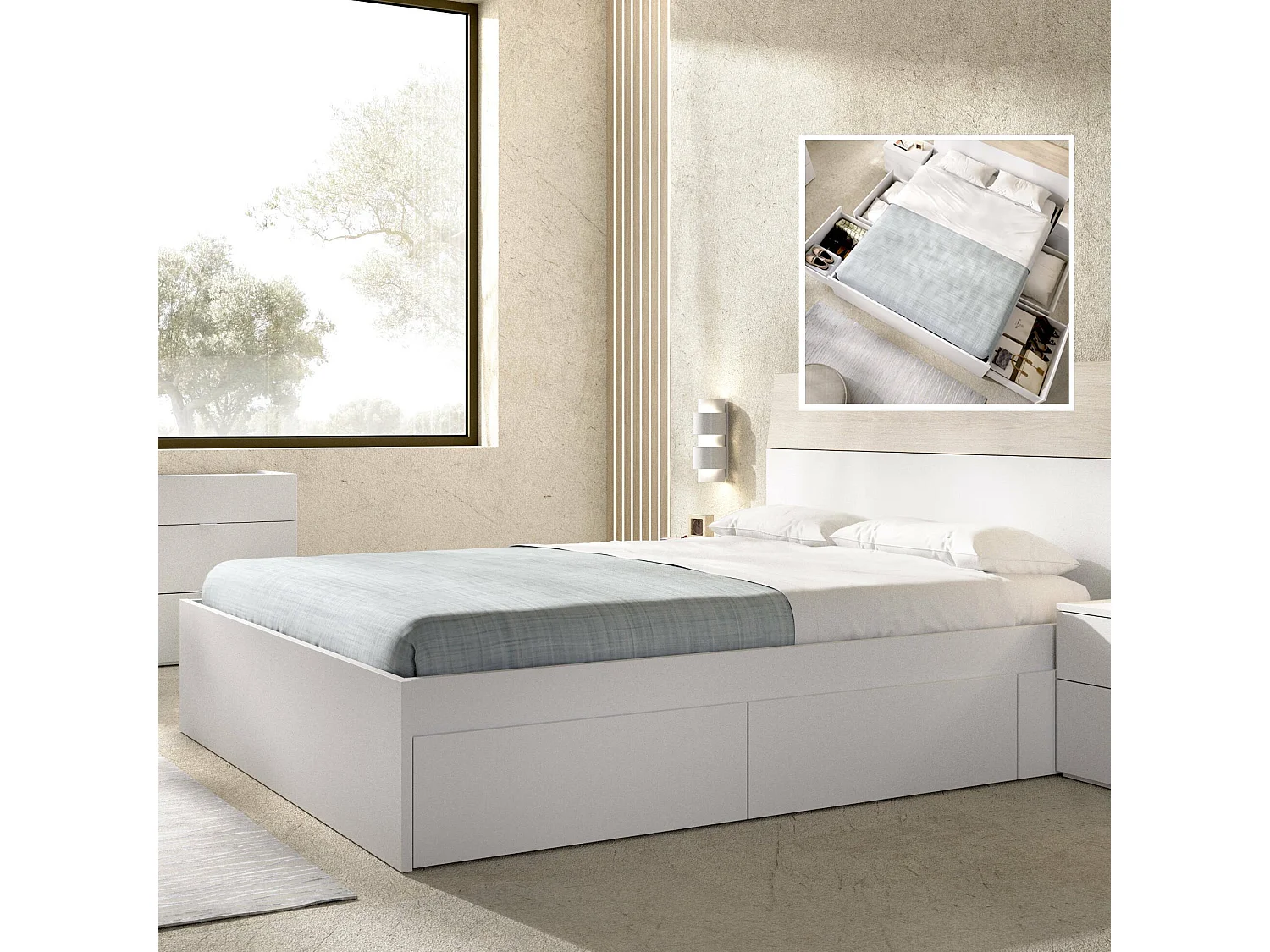 Lit double Dmaresc, Cadre de lit Sommier, Cadre de lit rangement avec 4 tiroirs, 197x160h37 cm, Blanc