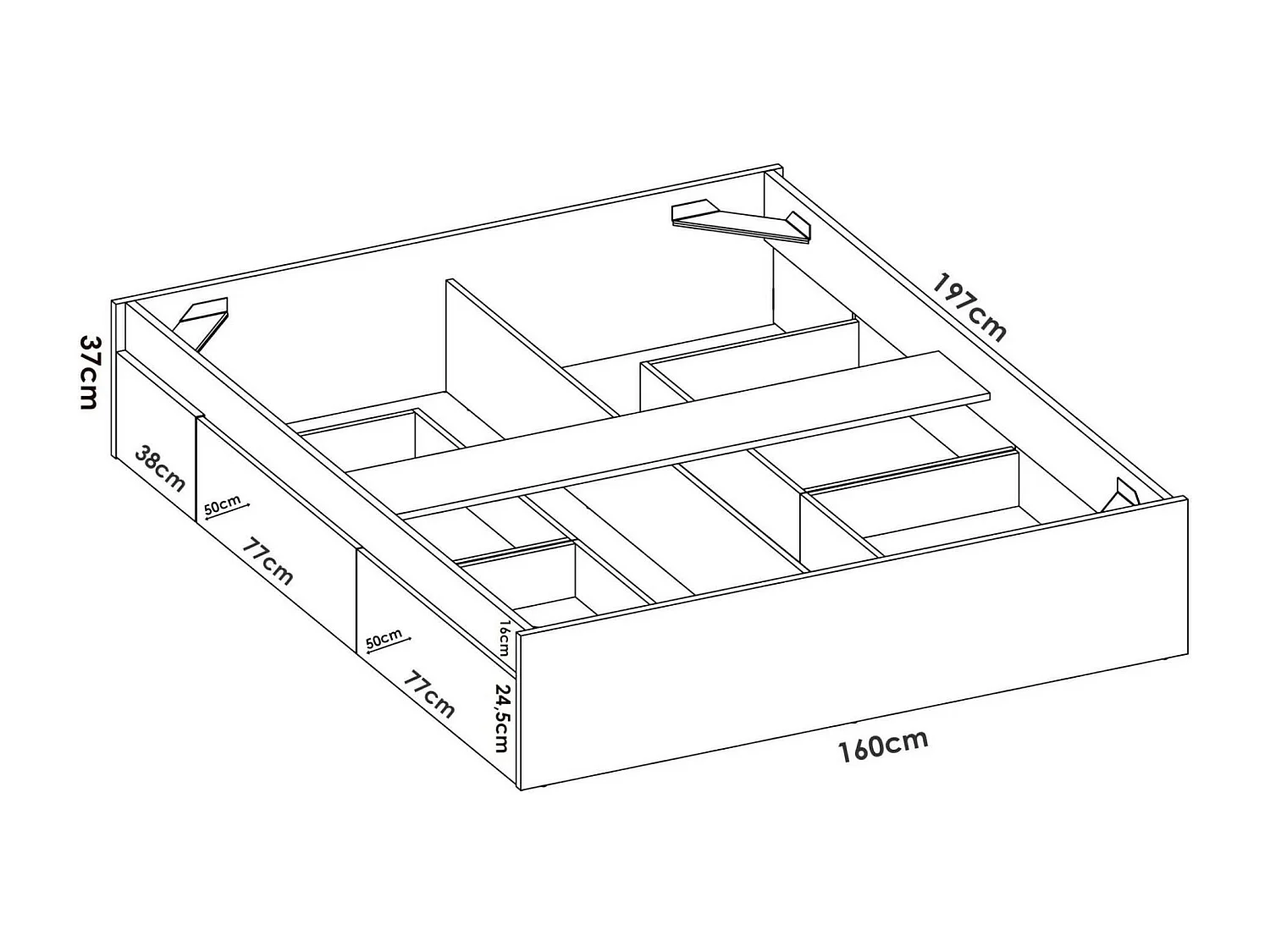 Lit double Dmaresc, Cadre de lit Sommier, Cadre de lit rangement avec 4 tiroirs, 197x160h37 cm, Blanc