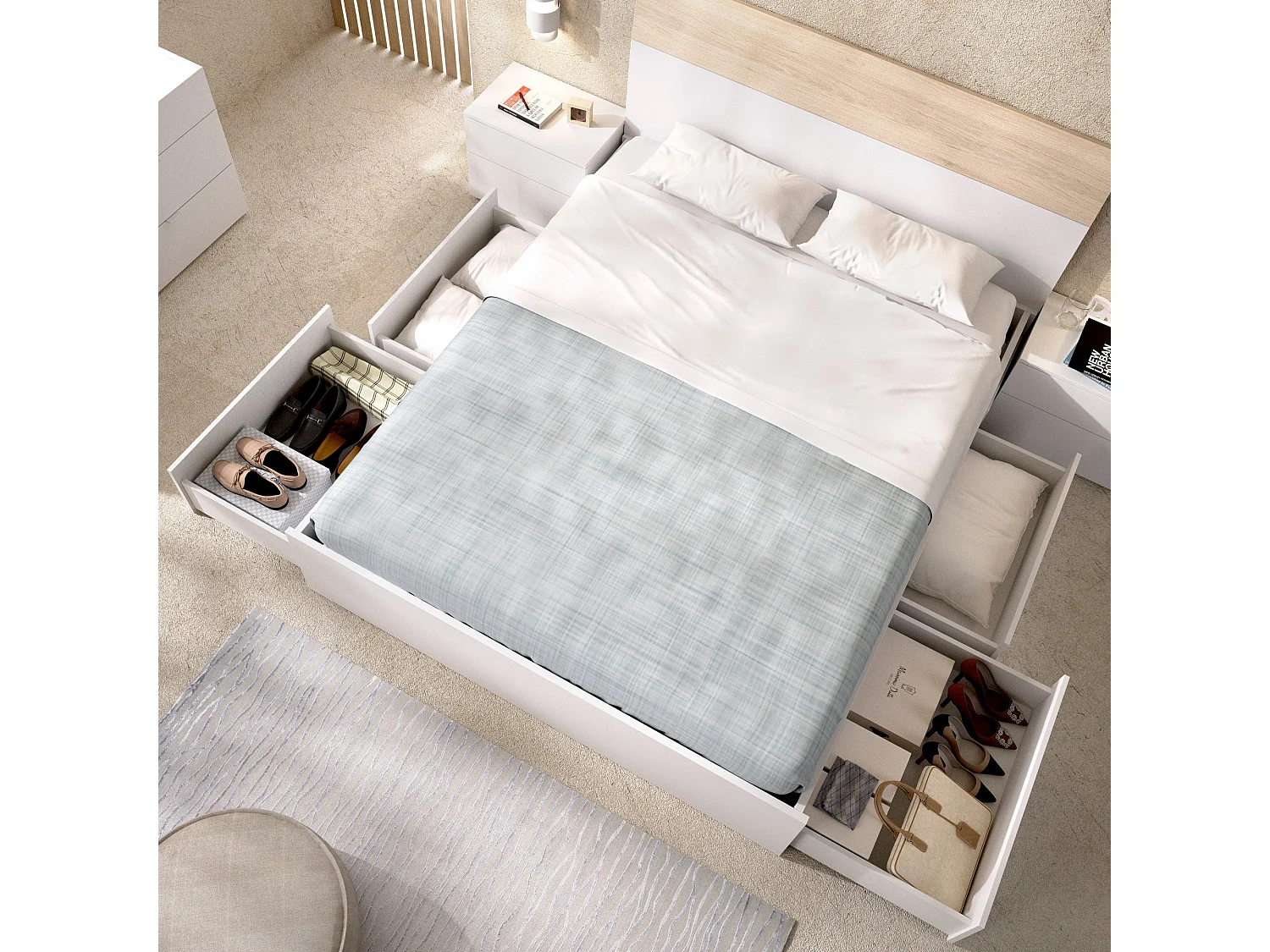 Lit double Dmaresc, Cadre de lit Sommier, Cadre de lit rangement avec 4 tiroirs, 197x160h37 cm, Blanc