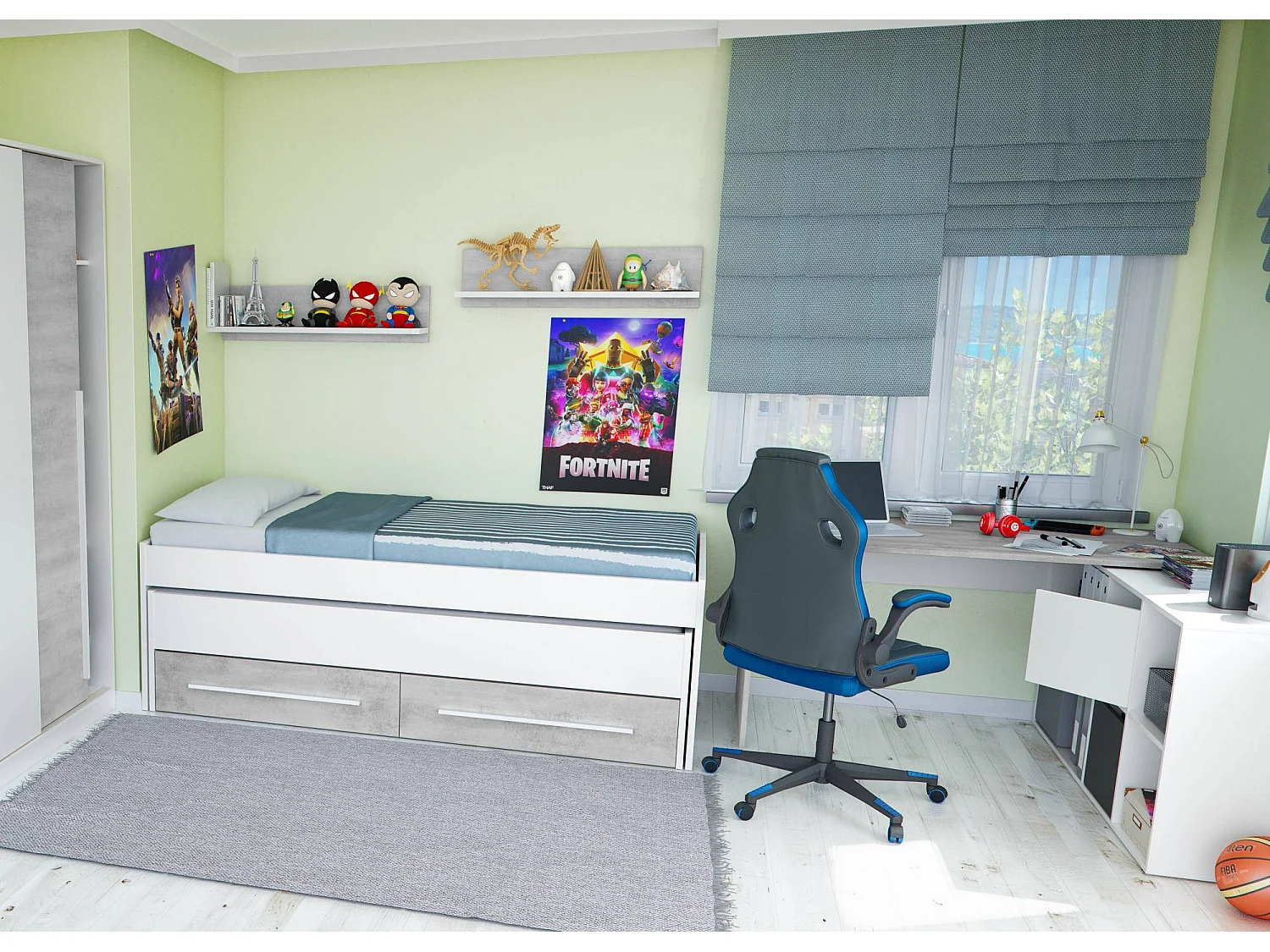 Dcurci eenpersoonsbed, Bedstructuur voor slaapkamer, Eenpersoonsbed met uitschuifbaar bed en 2 laden en plank, 199x96h65 cm, Wit en Cement