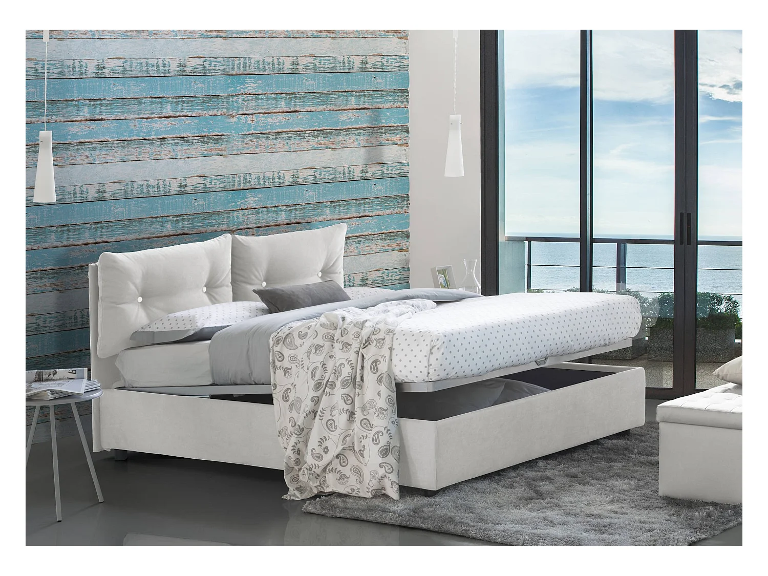 Lit queen size Dabbadi, Lit coffre avec revêtement en tissu, 100% Made in Italy, Ouverture frontale, avec matelas 120x190 cm inclus, Blanc