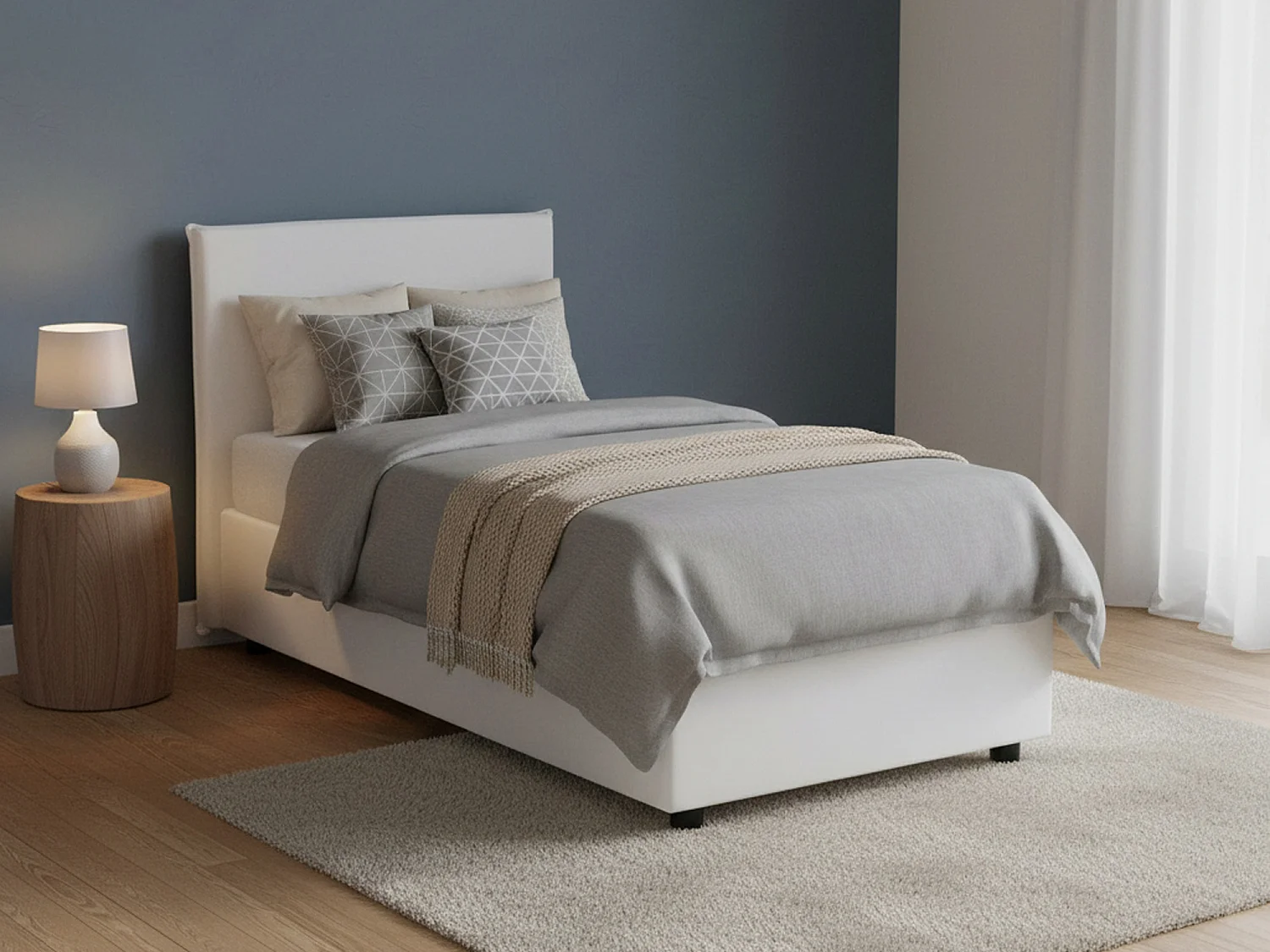Lit simple Dbaiocc, Lit coffre avec revêtement en éco-cuir, 100% Made in Italy, Ouverture frontale, avec matelas 90x190 cm inclus, Blanc