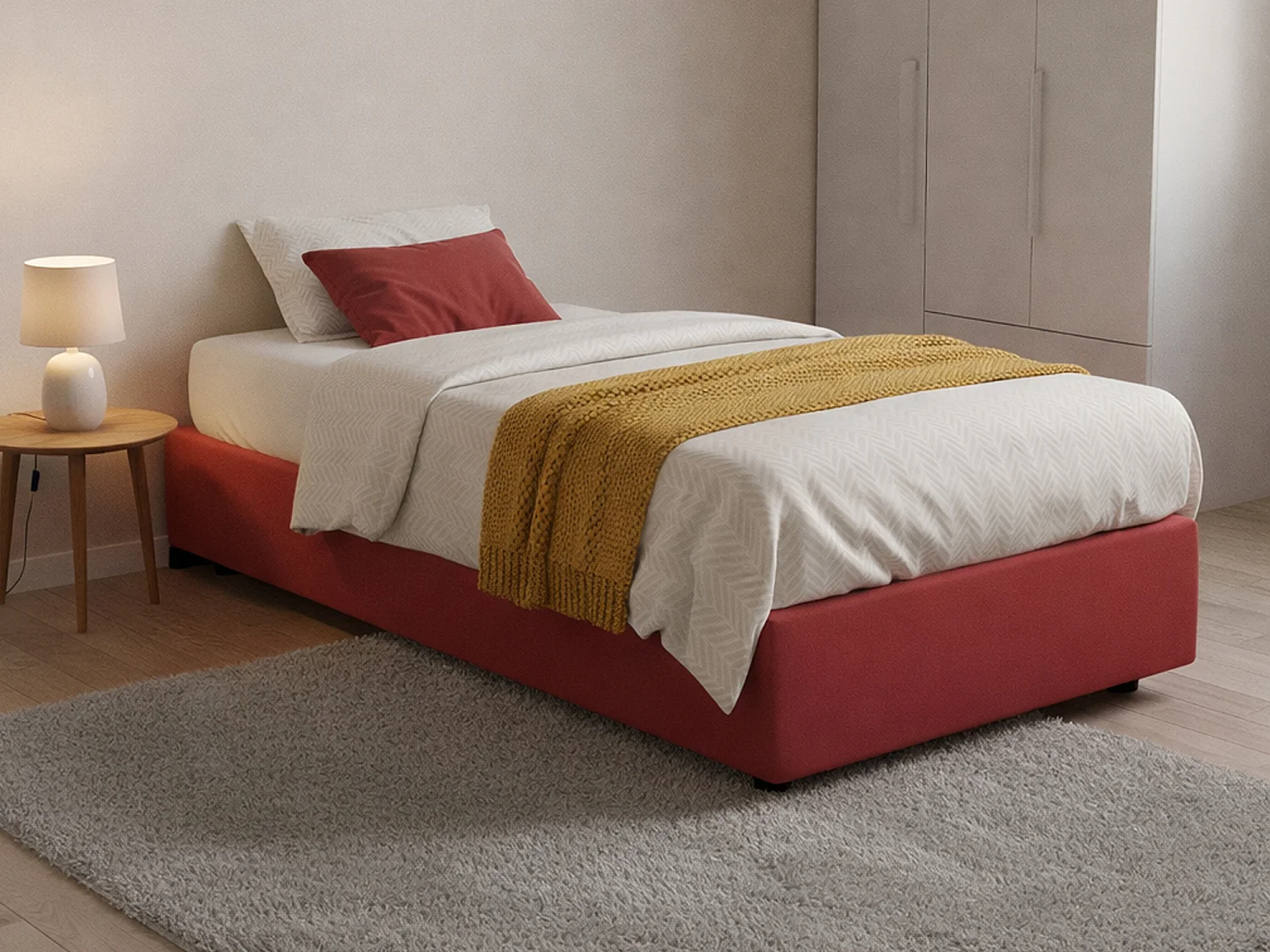 Lit simple Dmaiell, Lit coffre avec revêtement en tissu, 100% Made in Italy, Ouverture frontale, avec matelas 80x200 cm inclus, Rouge