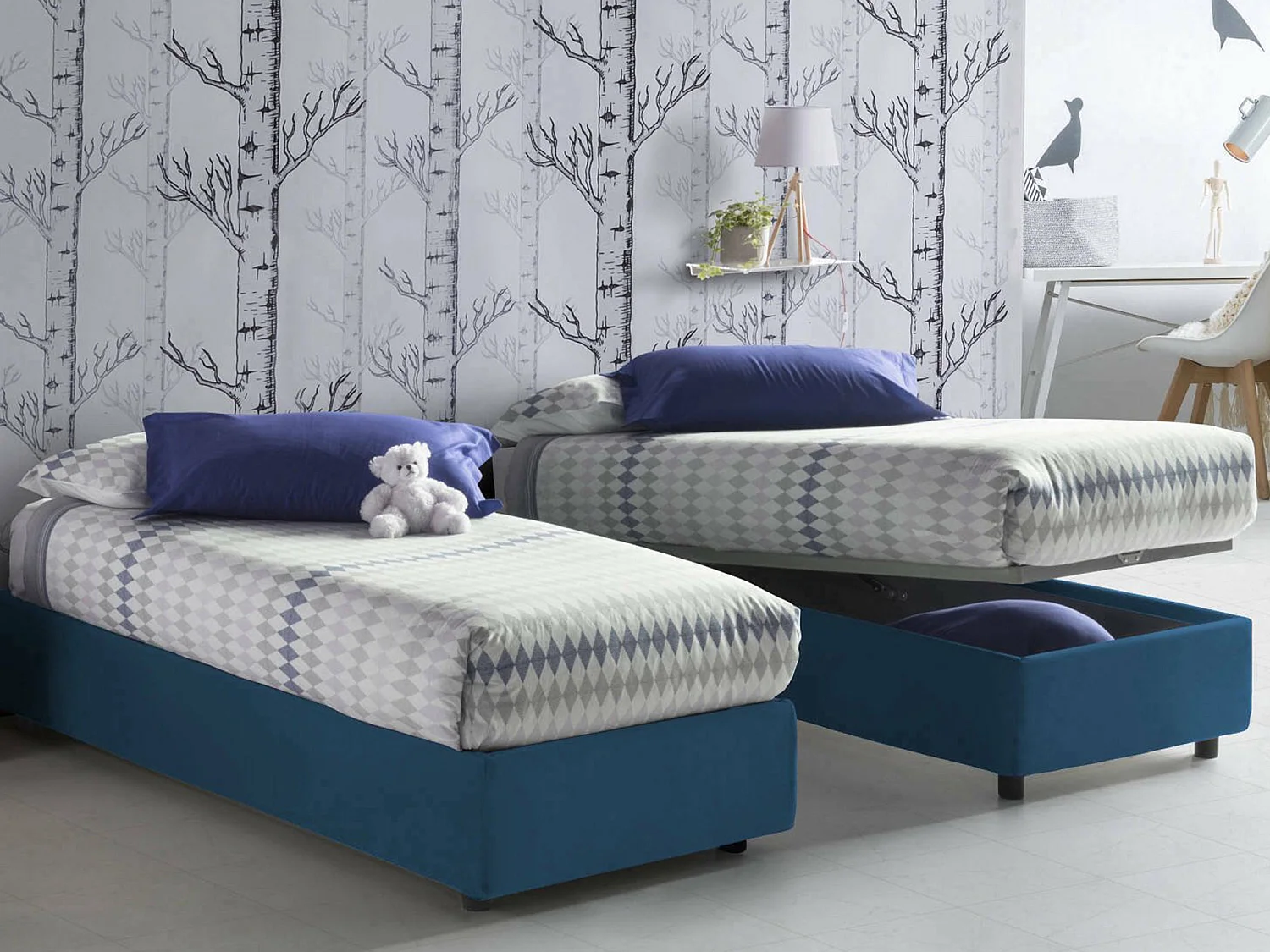 Dgalle eenpersoonsbed, Opbergbed met stoffen bekleding, 100% Made in Italy, Opening aan de voorkant, geschikt voor matras van 90x200 cm, Blauw
