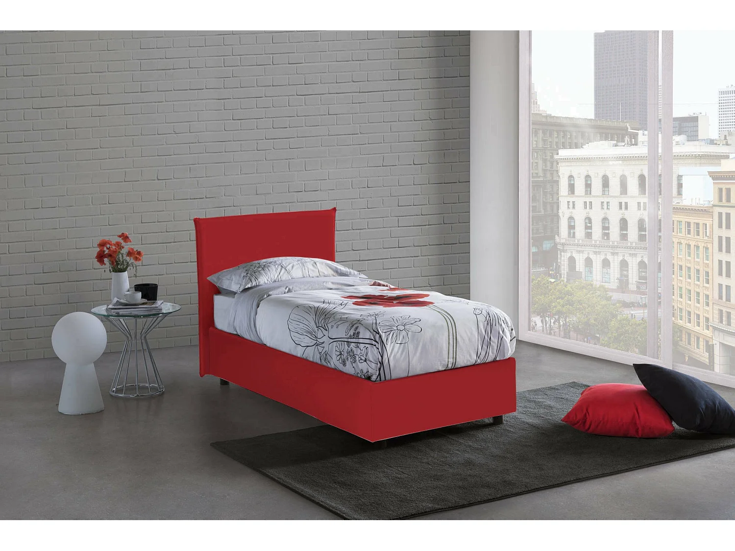 Lit simple Dbaston, Lit coffre avec revêtement en tissu, 100% Made in Italy, Ouverture frontale, avec matelas 90x200 cm inclus, Rouge