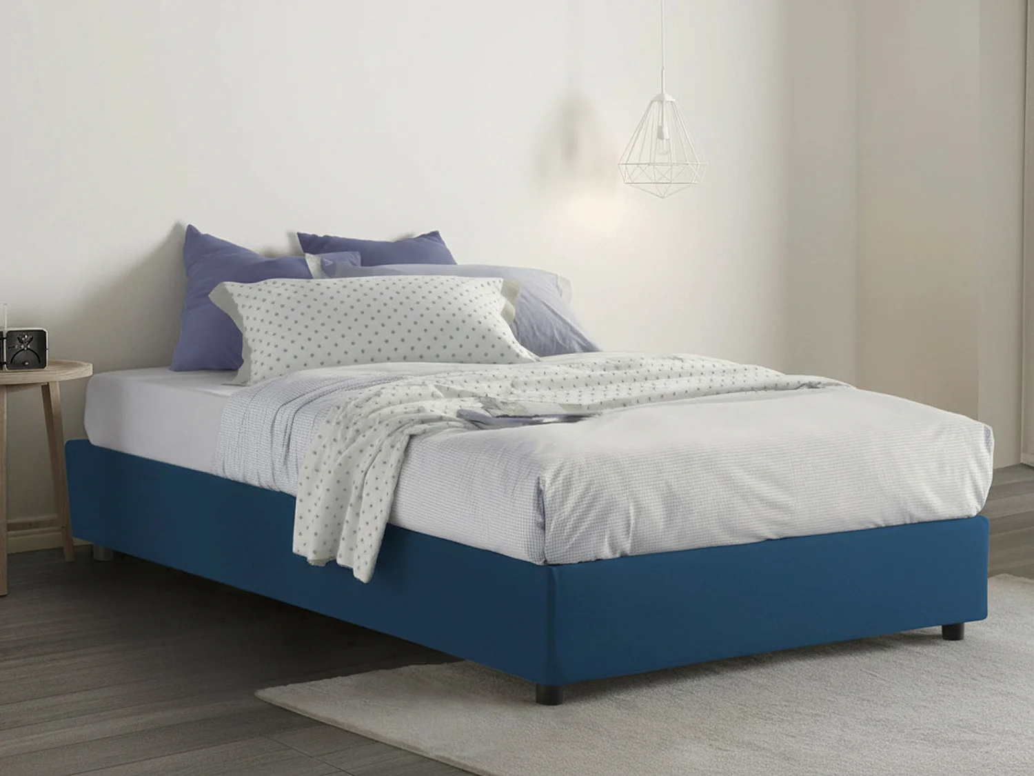 Lit double Ddibar, Lit coffre avec revêtement en tissu, 100% Made in Italy, Ouverture latérale, avec matelas 120x190 cm inclus, Bleu