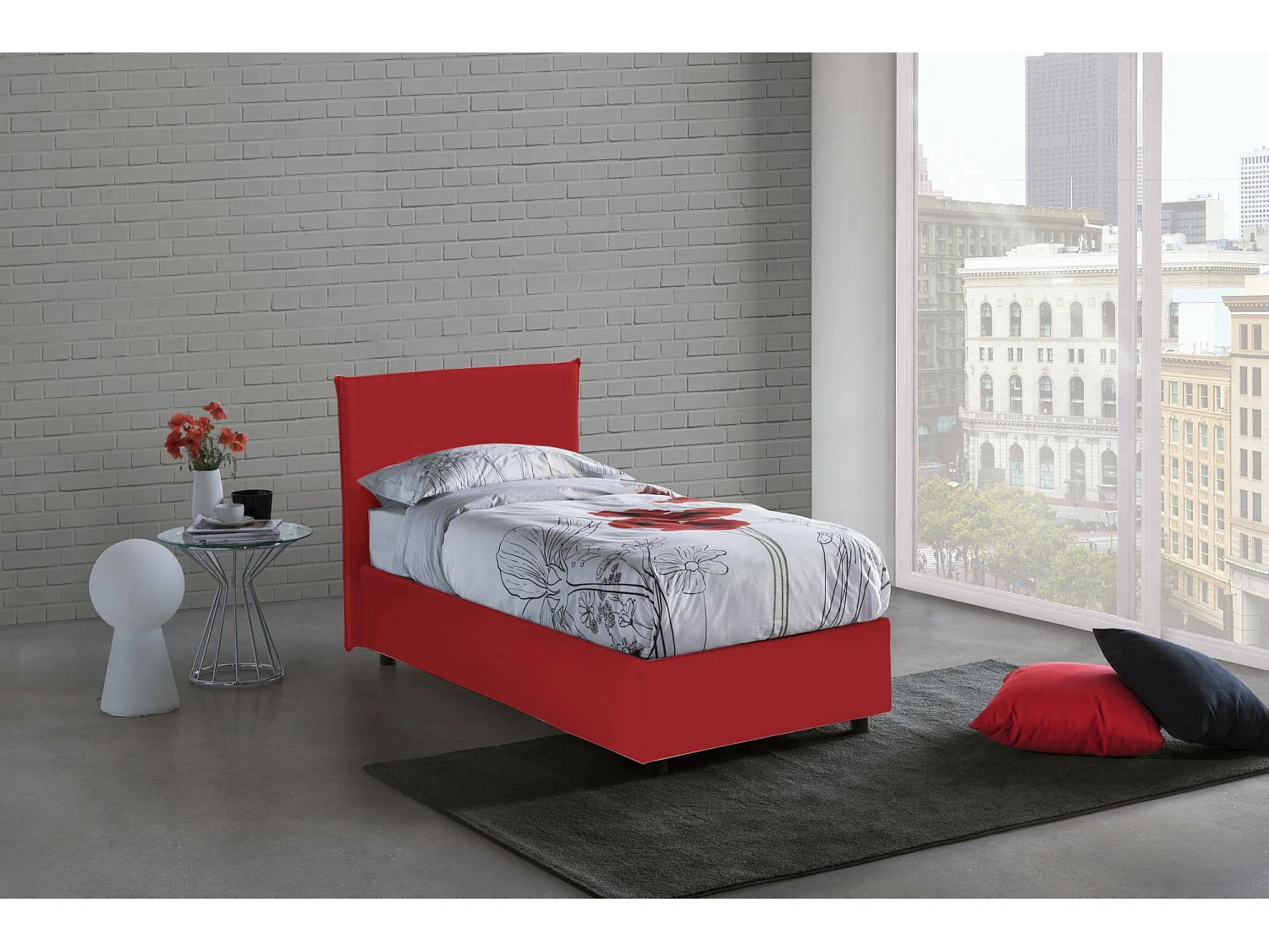 Dbach eenpersoonsbed, Opbergbed met stoffen bekleding, 100% Made in Italy, Opening aan de voorkant, inclusief matras van 80x200 cm, Rood