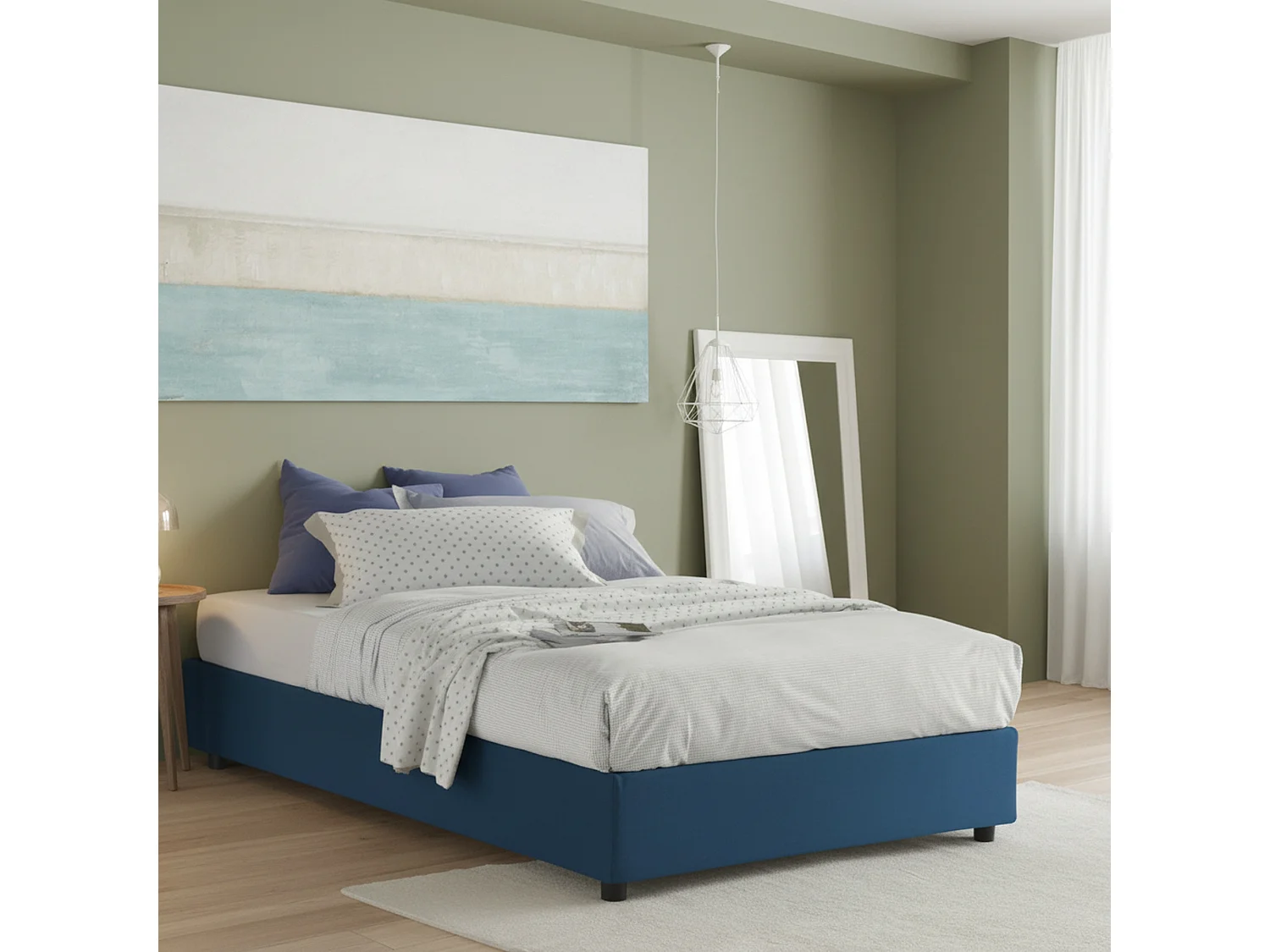 Lit double Daajj, Lit coffre avec revêtement en tissu, 100% Made in Italy, Ouverture frontale, avec matelas 140x190 cm inclus, Bleu