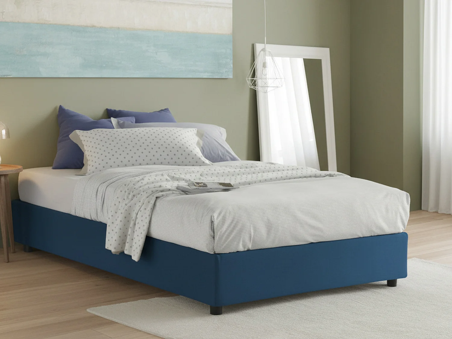 Lit double Daajj, Lit coffre avec revêtement en tissu, 100% Made in Italy, Ouverture frontale, avec matelas 140x190 cm inclus, Bleu