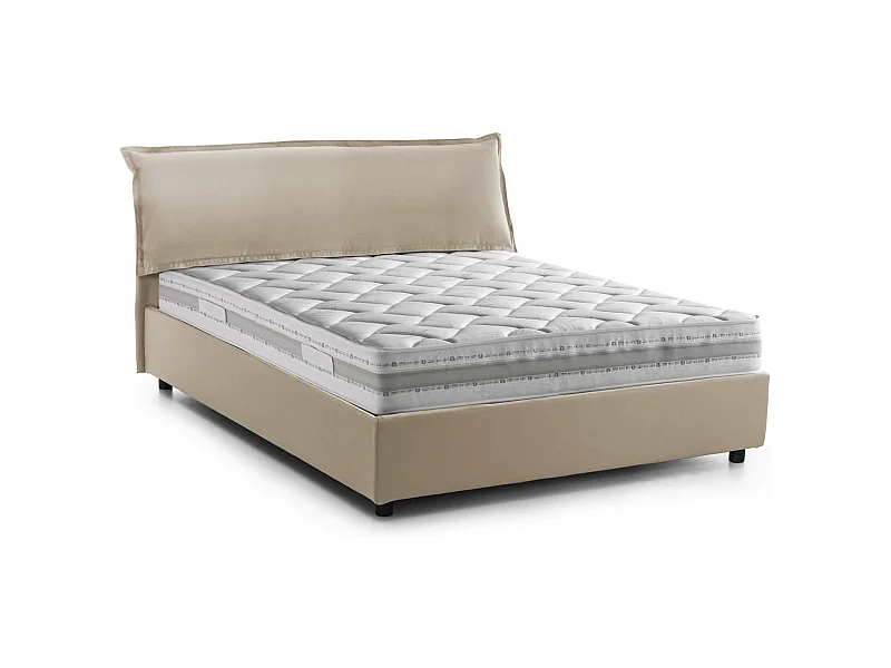 Lit double Dbianc, lit coffre avec revêtement amovible avec tête de lit rembourrée et cadre de lit coffre, 100% Made in Italy, avec matelas 160x190 cm inclus, Beige