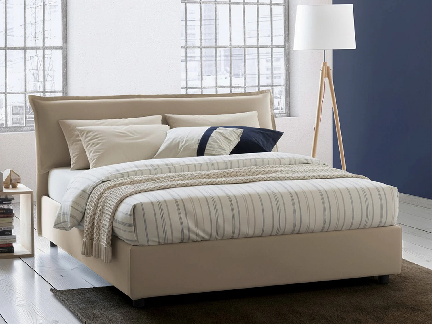 Lit double Dbianc, lit coffre avec revêtement amovible avec tête de lit rembourrée et cadre de lit coffre, 100% Made in Italy, avec matelas 160x190 cm inclus, Beige