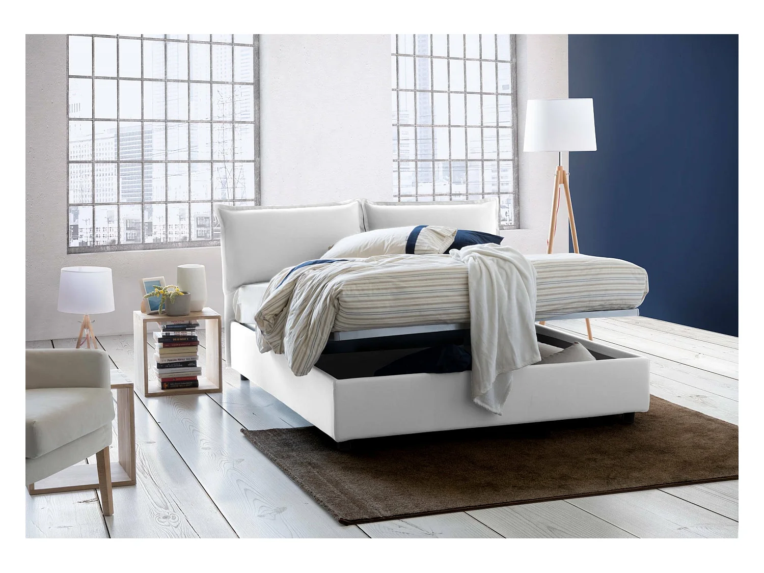 Lit double Dmircol, Lit coffre avec revêtement en tissu, 100% Made in Italy, Ouverture frontale, avec matelas 140x200 cm inclus, Blanc