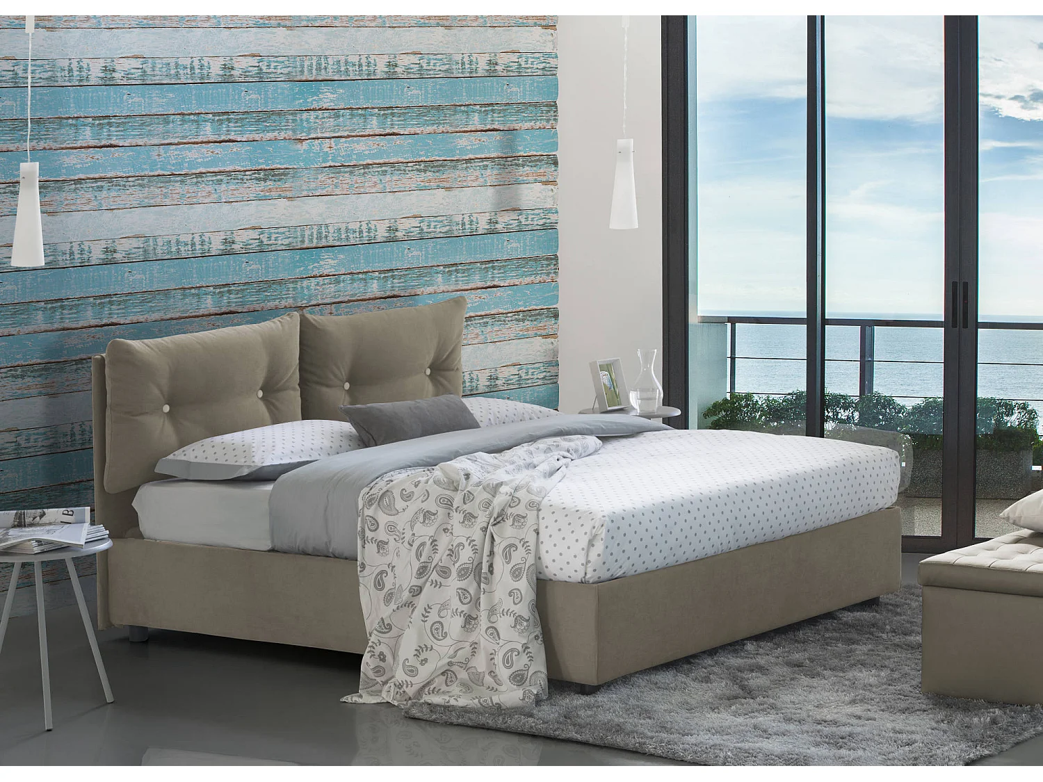 Quadratisches und halbes Bett Djankt, Containerbett mit Stoffbespannung, 100% Made in Italy, Frontöffnung, passend für Matratze Cm 120x190, Turteltaube