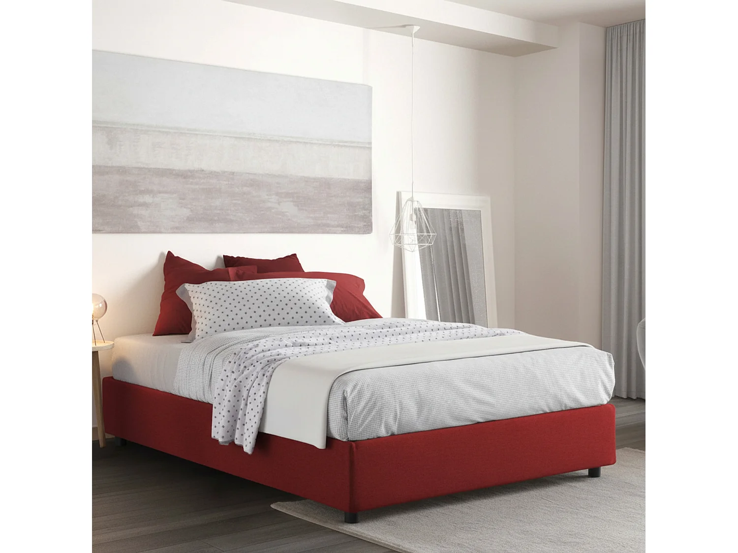Lit double Ddurant, Lit coffre avec revêtement en tissu, 100% Made in Italy, Ouverture frontale, avec matelas 140x200 cm inclus, Rouge