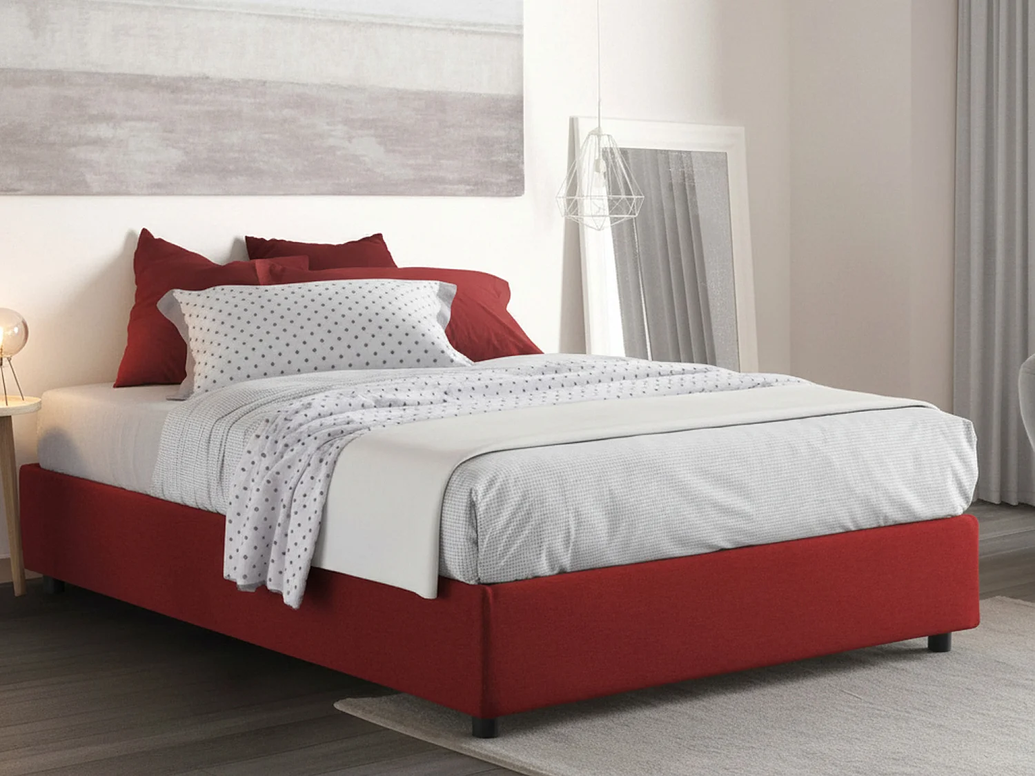 Lit double Ddurant, Lit coffre avec revêtement en tissu, 100% Made in Italy, Ouverture frontale, avec matelas 140x200 cm inclus, Rouge