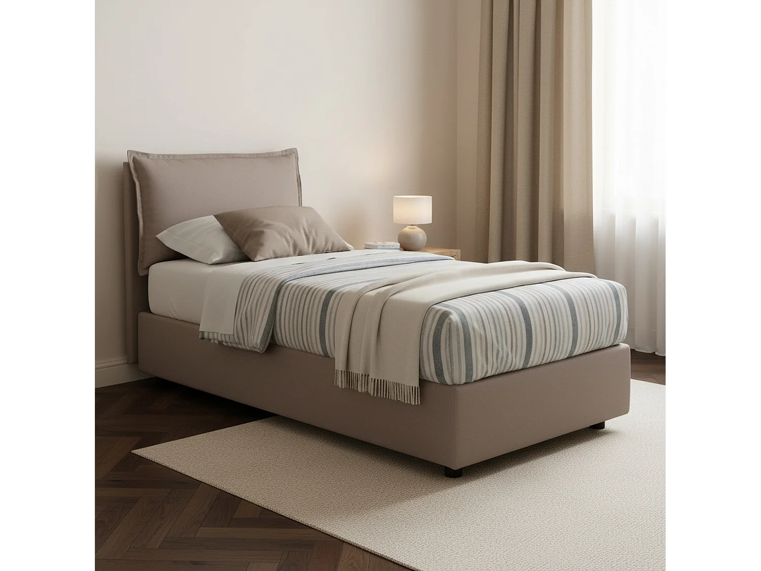 Lit simple Dasenci, Lit coffre avec revêtement en tissu, 100% Made in Italy, Ouverture frontale, adapté pour matelas 90x200 cm, Taupe