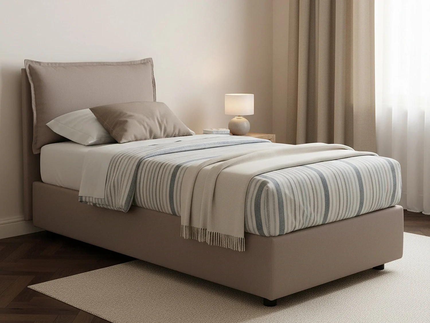 Lit simple Dasenci, Lit coffre avec revêtement en tissu, 100% Made in Italy, Ouverture frontale, adapté pour matelas 90x200 cm, Taupe