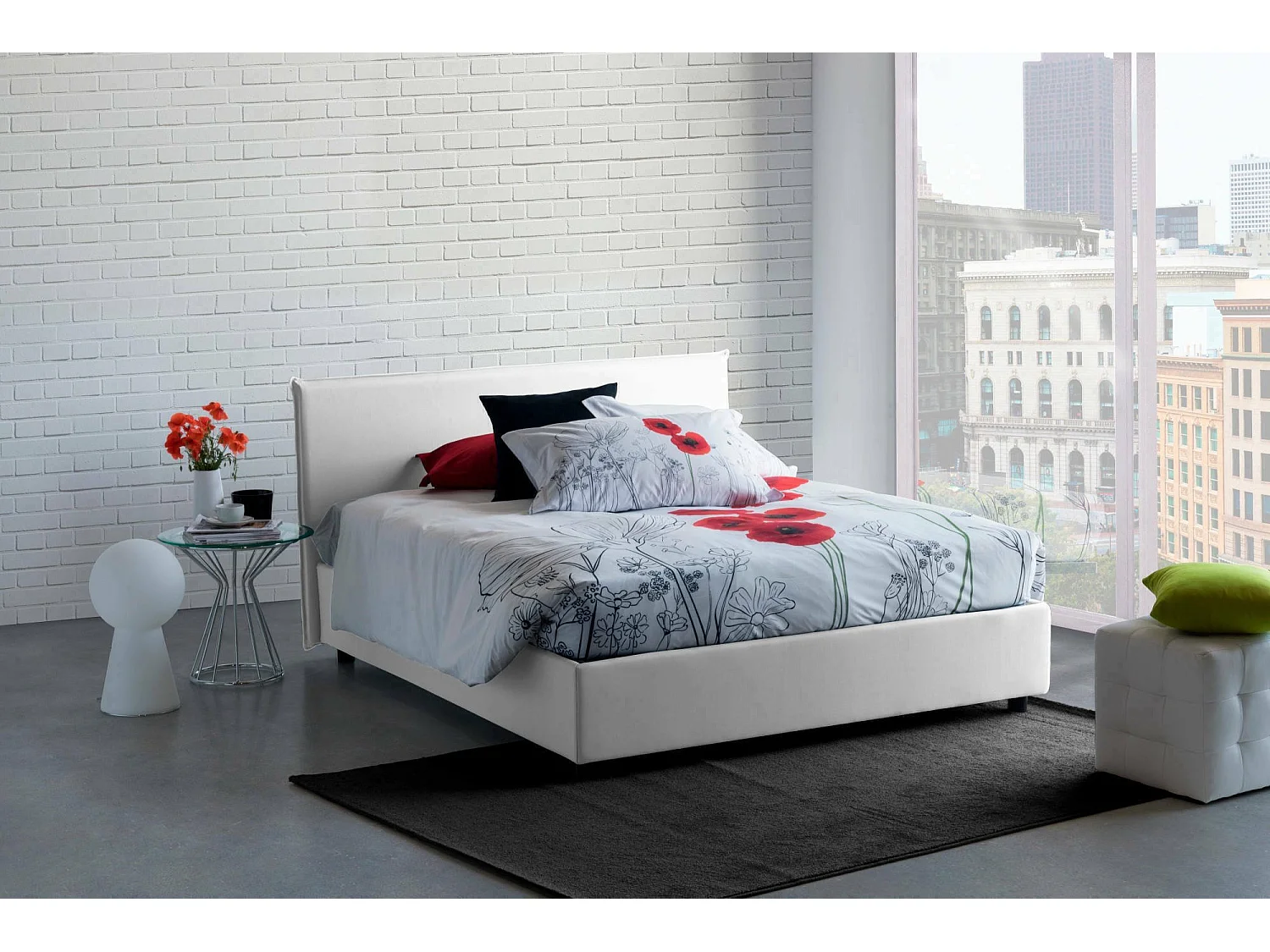 Dansald tweepersoonsbed, Opbergbed met stoffen bekleding, 100% Made in Italy, Opening aan de voorzijde, inclusief matras 160x200 cm, Wit