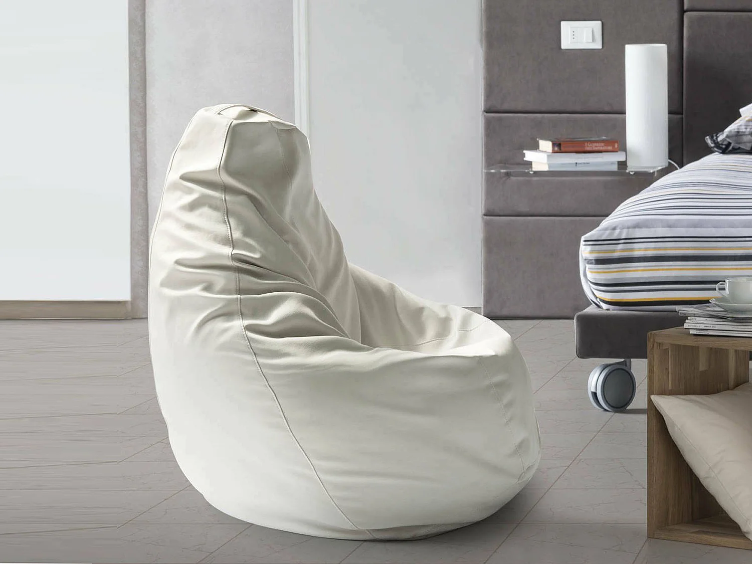 Pouf Dabbew, Pouf pouf, Pouf en cuir écologique, 100% Made in Italy, 70x70h110 cm, Blanc