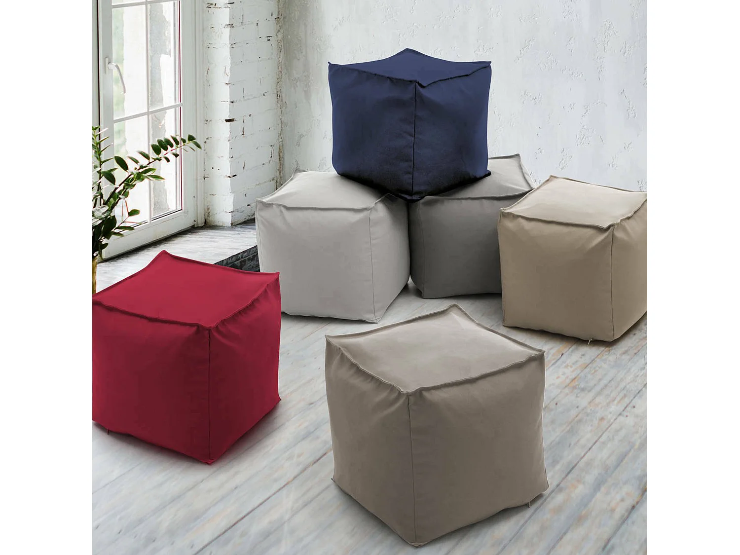 Pouf Dabbey, Pouf multifonctionnel, Fauteuil relaxant en tissu rembourré, 100% Made in Italy, 45x45h45 cm, Blanc