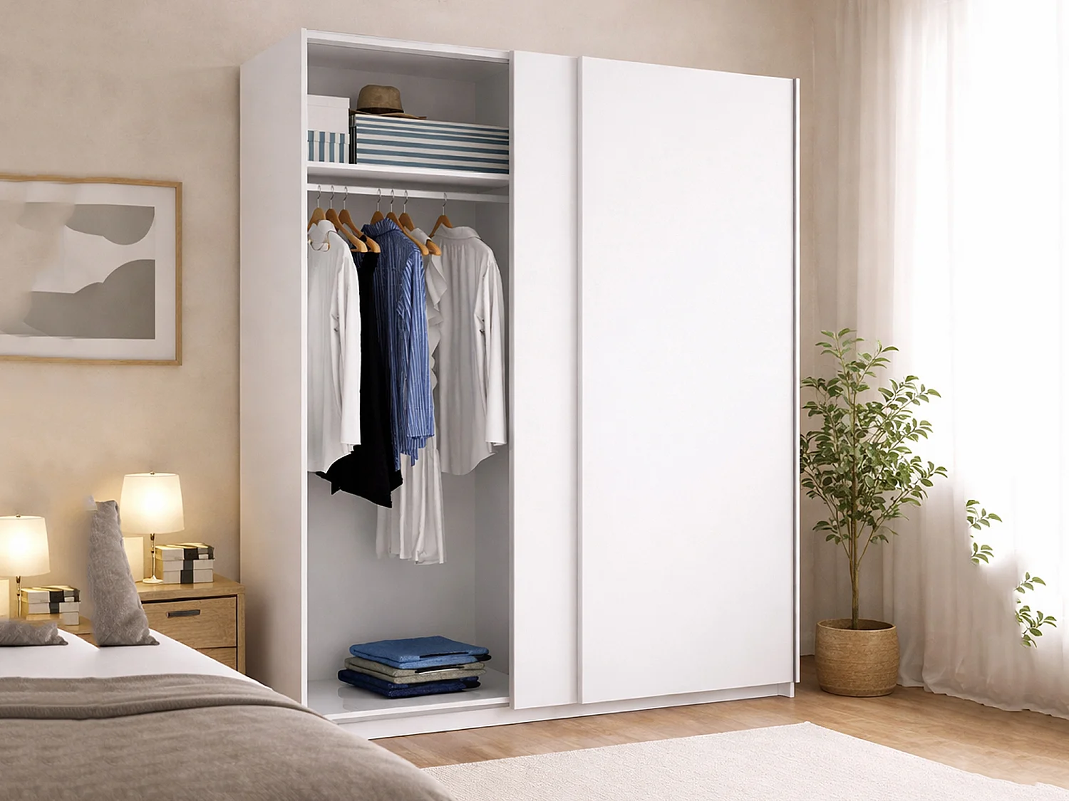 Armoire Dlazovi, Cintre pour chambre à coucher, Armoire avec 2 portes coulissantes, 150x65h204 cm, Blanc