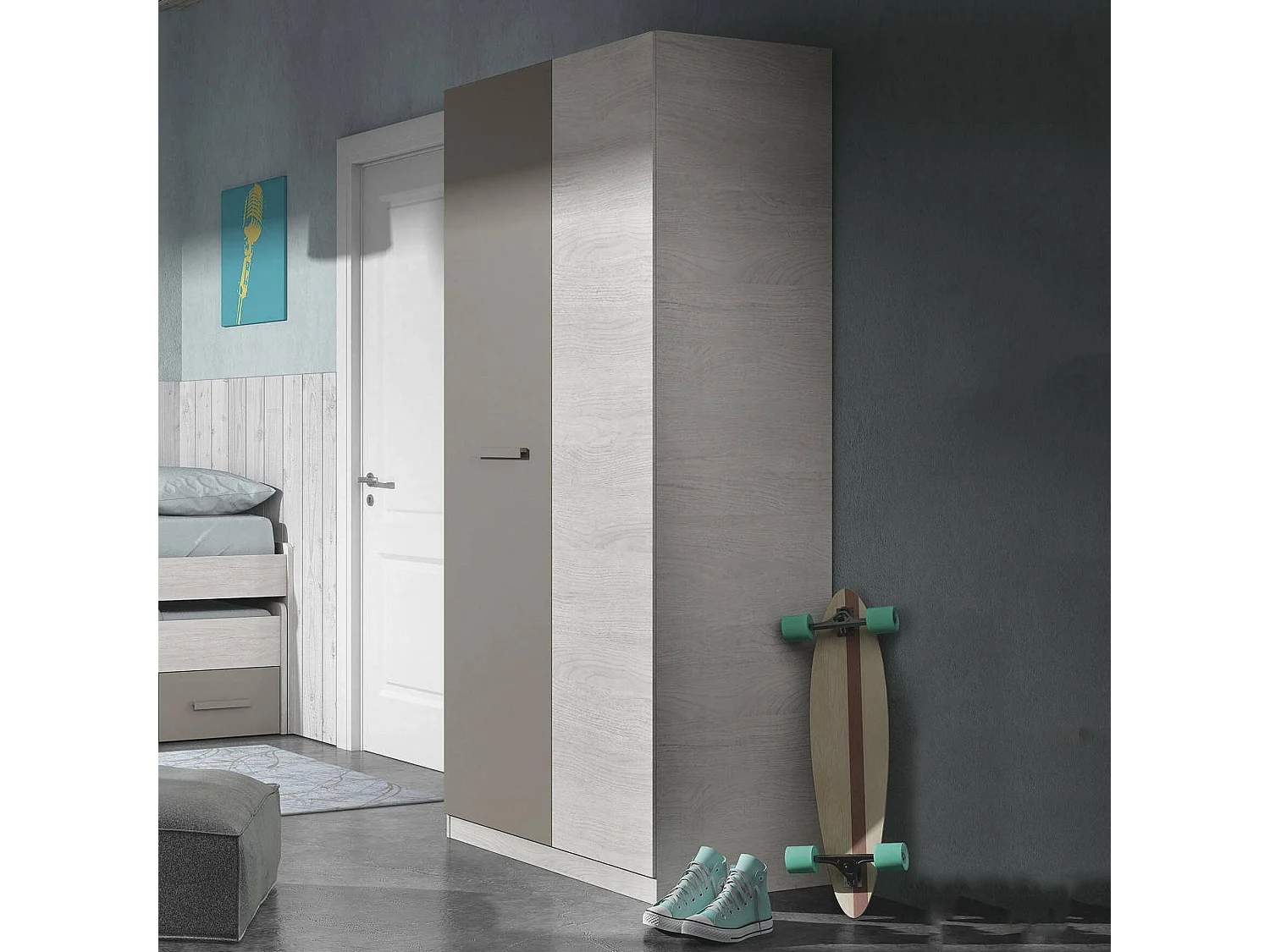 Armoire Daabec, armoire de chambre avec 2 portes battantes, armoire avec 3 étagères et tringle à vêtements, 90x52h200 cm, blanc et marron
