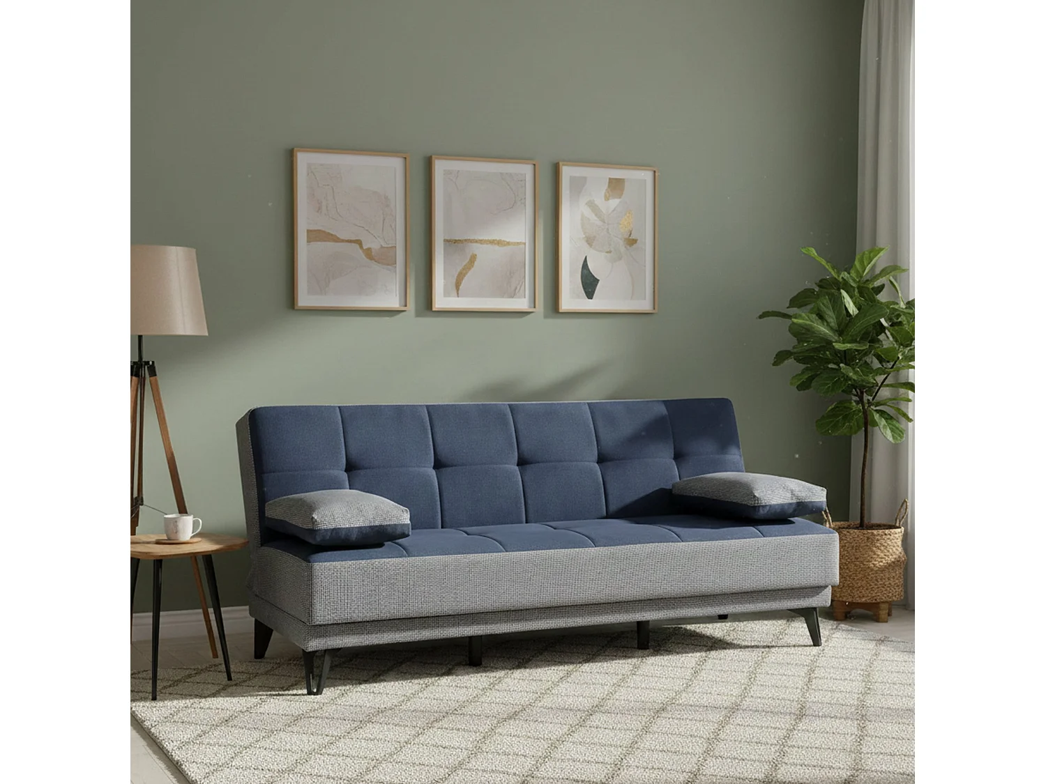 Sofá cama Dfortin, Sofá cama 3 plazas con pies de metal negro, Sofá de salón en tela tapizada con apertura clic-clac, 190x87h97 cm, Gris y Azul