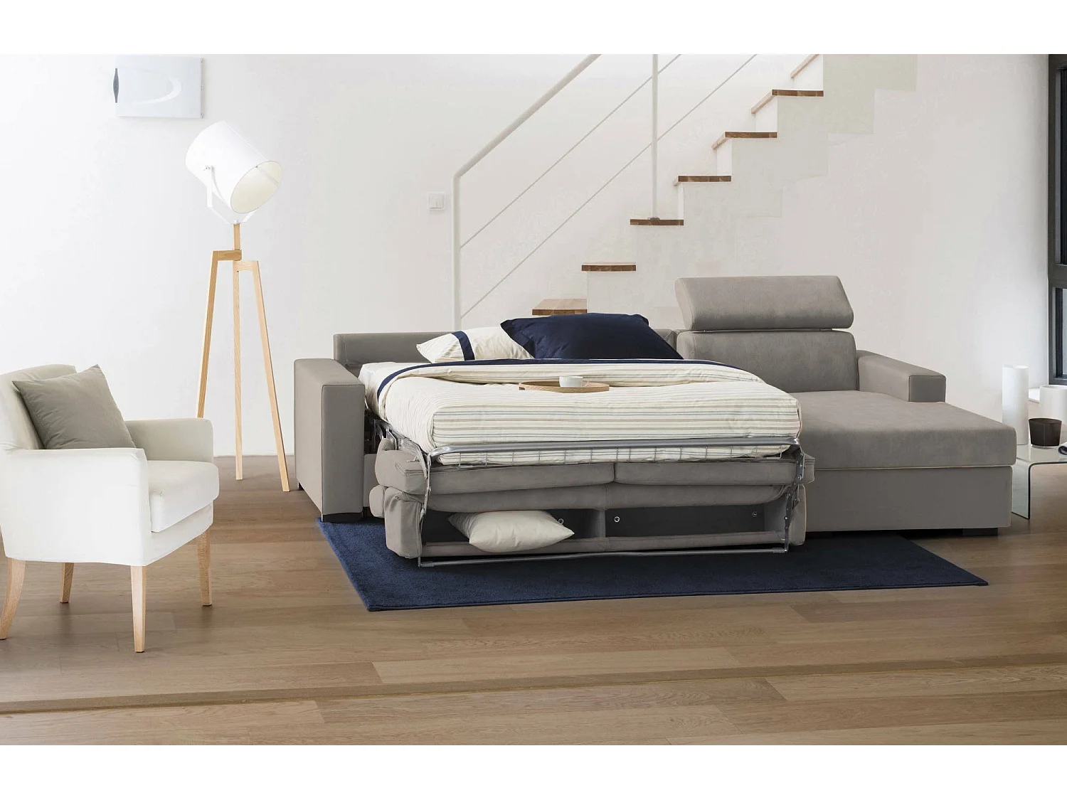 Canapé d'angle convertible en tissu tourterelle 140x95 cm