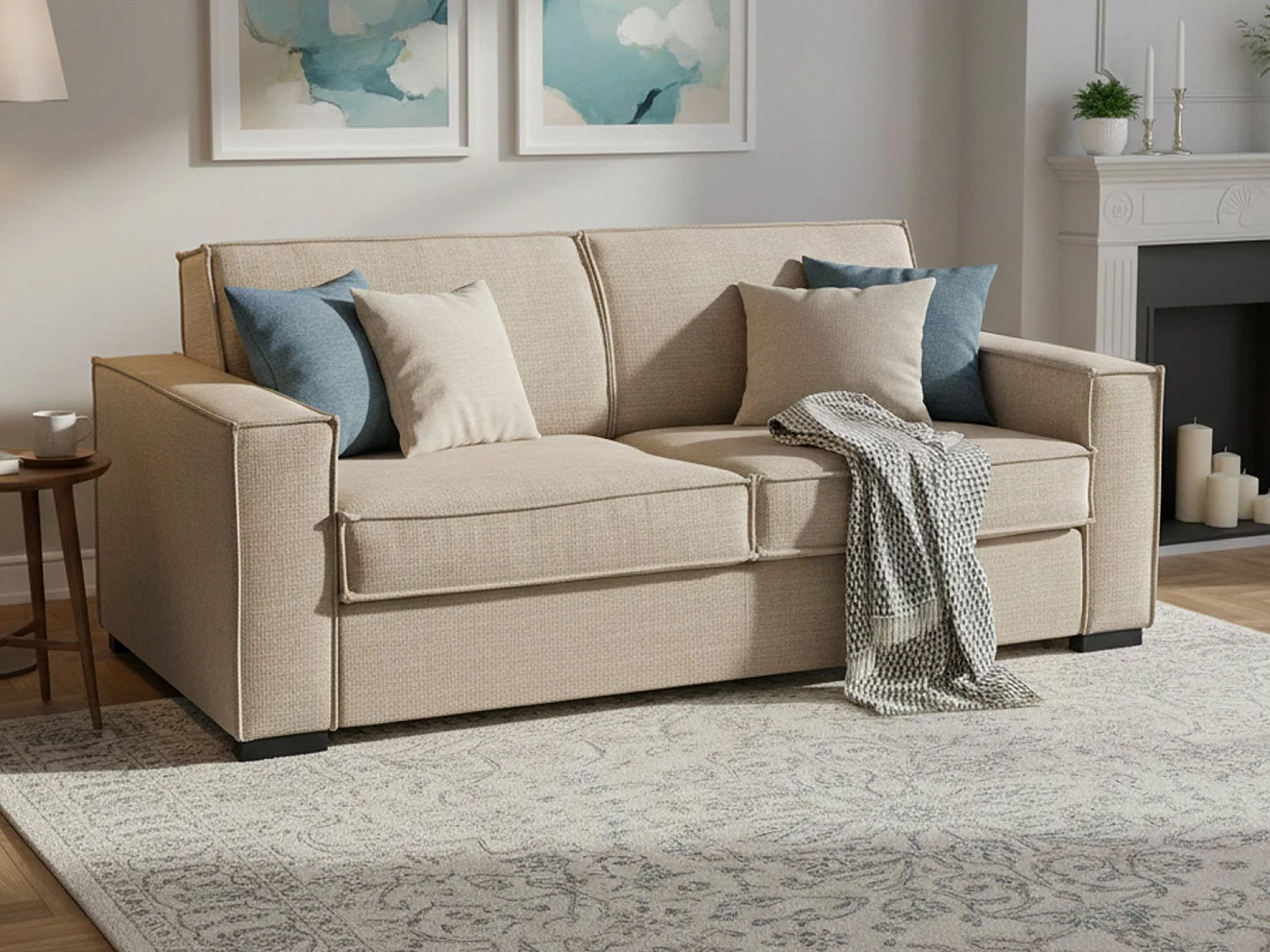 Canapé-lit Dekuba, canapé 2 places, 100% Made in Italy, Canapé de salon à ouverture pivotante, en tissu rembourré, avec accoudoirs standards, 180x95h90 cm, Beige