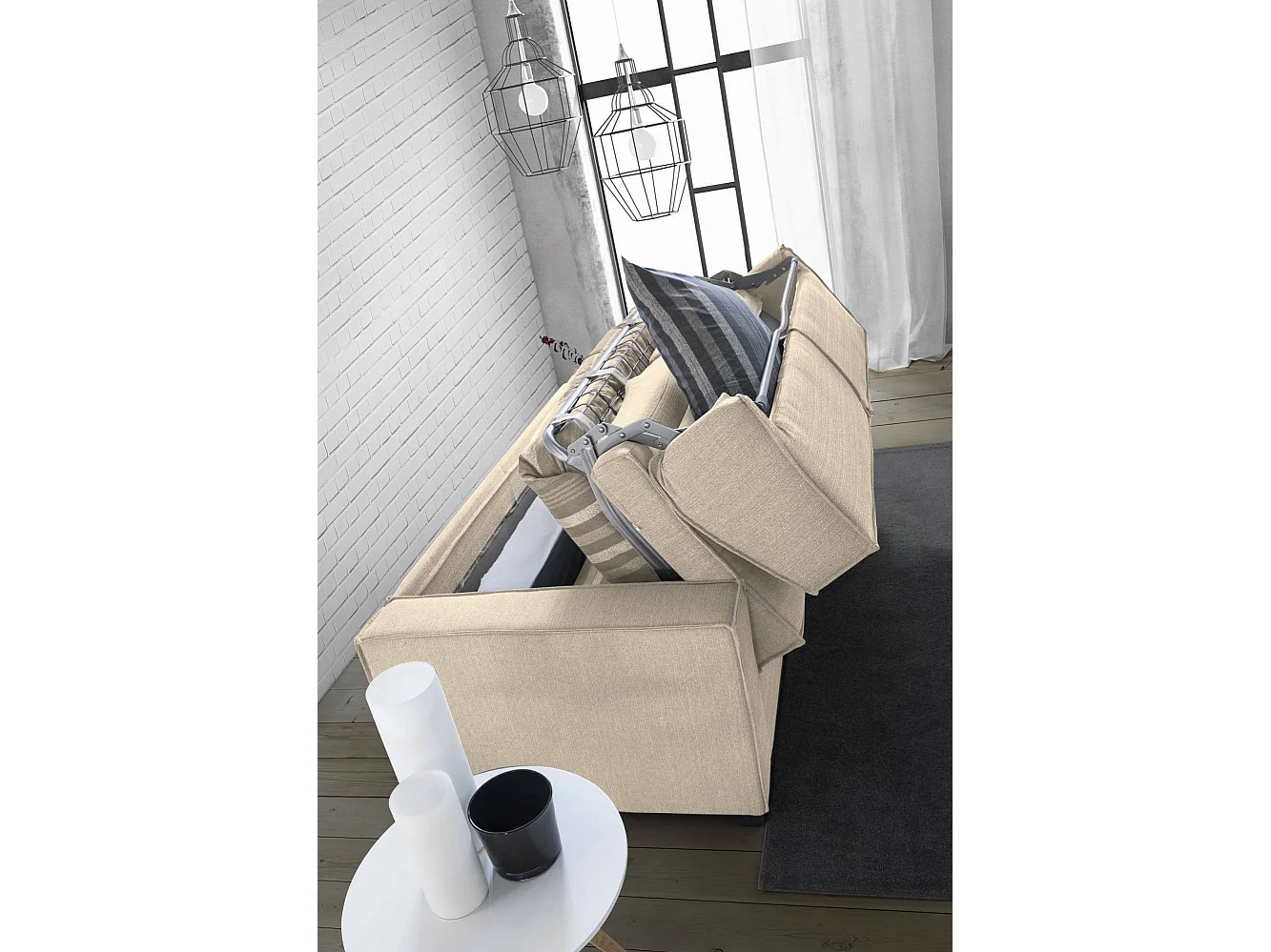 Sofá-cama Daad, sofá de 3 lugares, 100% Fabricado na Itália, Sofá da sala com abertura giratória, em tecido acolchoado, com braços finos, 220x100h95 cm, Bege