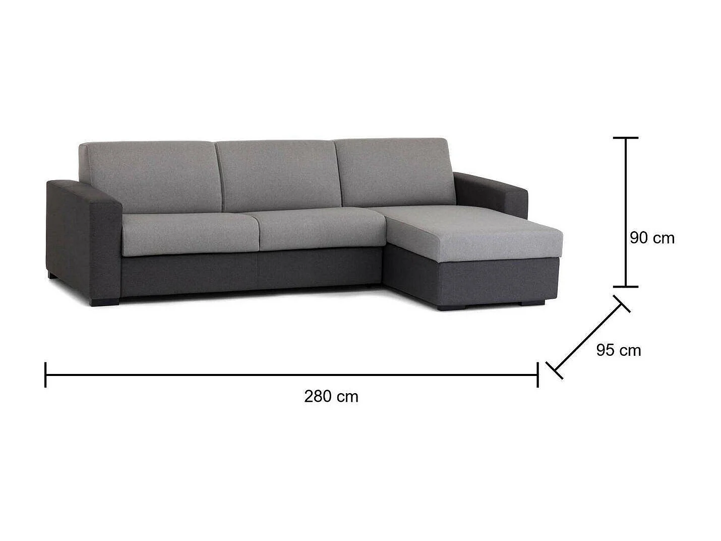 Divano letto con penisola in ecopelle grigio, antracite 280x95h90 cm
