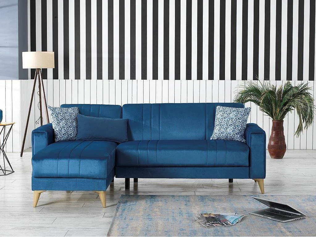 Dmora - Divano letto con penisola Aronix, 225x151h84 cm, Blu