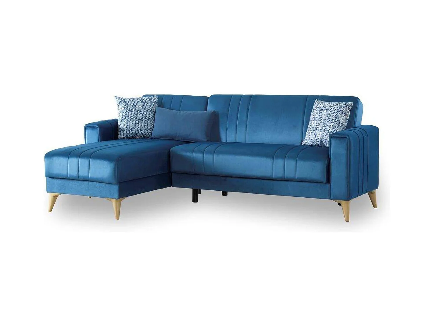 Canapé Dinsign, Canapé d'angle rangement avec 3 coussins inclus, Canapé en tissu rembourré avec ouverture clic-clac, avec péninsule réversible, 225x151h84 cm, Bleu