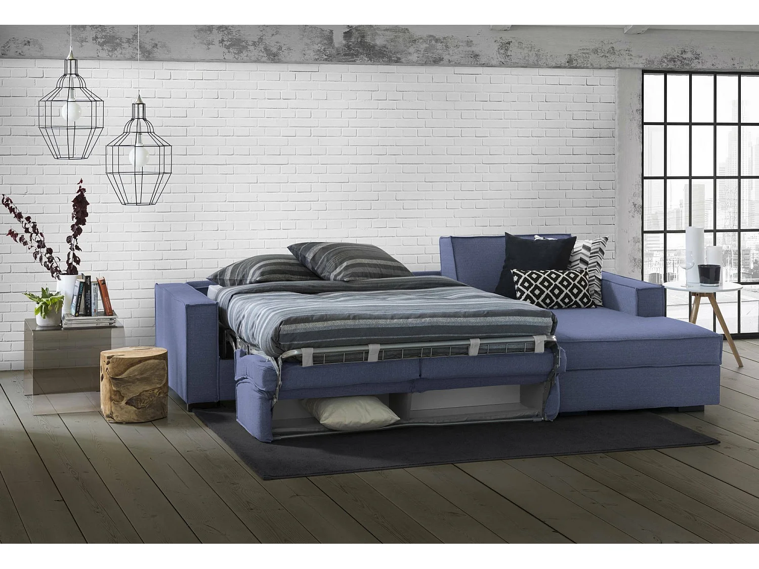 Canapé-lit Daaki, Canapé d'angle, 100% Made in Italy, Canapé avec ouverture pivotante, Péninsule de rangement droite, avec accoudoirs fins, 260x95h90 cm, Bleu