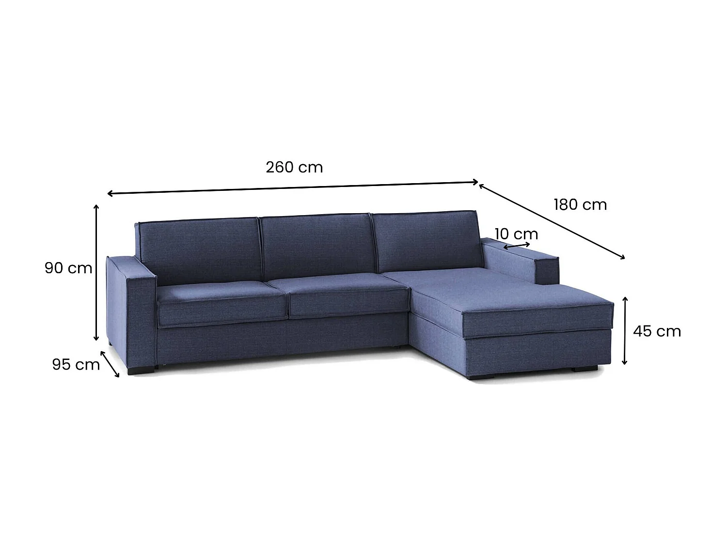 Sofá-cama Daaki, Sofá de canto, 100% Fabricado na Itália, Sofá com abertura giratória, Península de armazenamento direita, com braços finos, 260x95h90 cm, Azul
