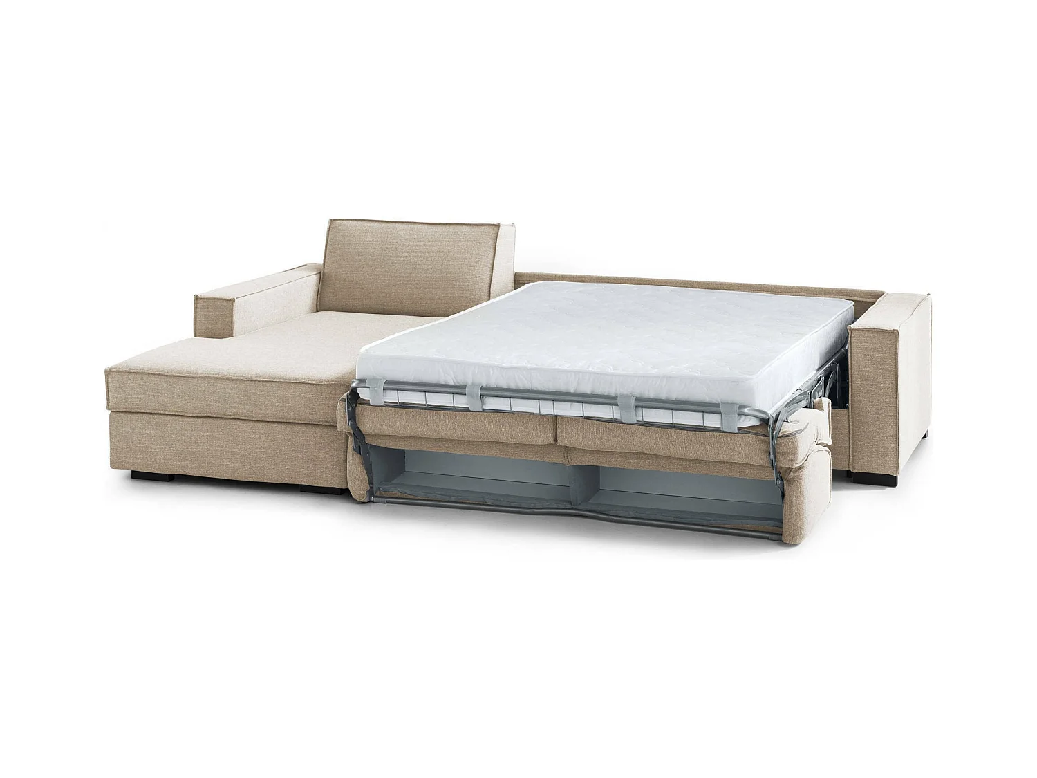 Daalb Canapé-lit, Canapé d'angle, 100% Made in Italy, Canapé avec ouverture pivotante, Péninsule de rangement gauche, avec accoudoirs fins, 260x95h90 cm, Beige
