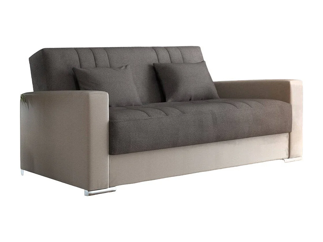 Canapé Dmede, Canapé conteneur 3 places en éco-cuir et tissu, Canapé de salon avec ouverture clic-clac et 2 coussins inclus, 230x96h101 cm, Beige et Gris