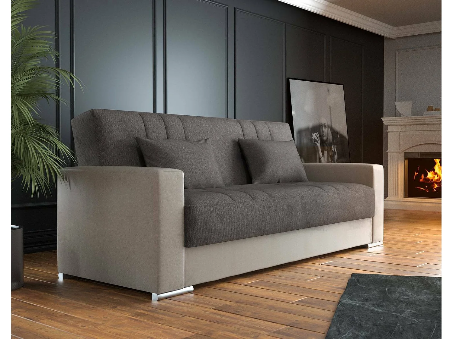 Canapé Dmede, Canapé conteneur 3 places en éco-cuir et tissu, Canapé de salon avec ouverture clic-clac et 2 coussins inclus, 230x96h101 cm, Beige et Gris