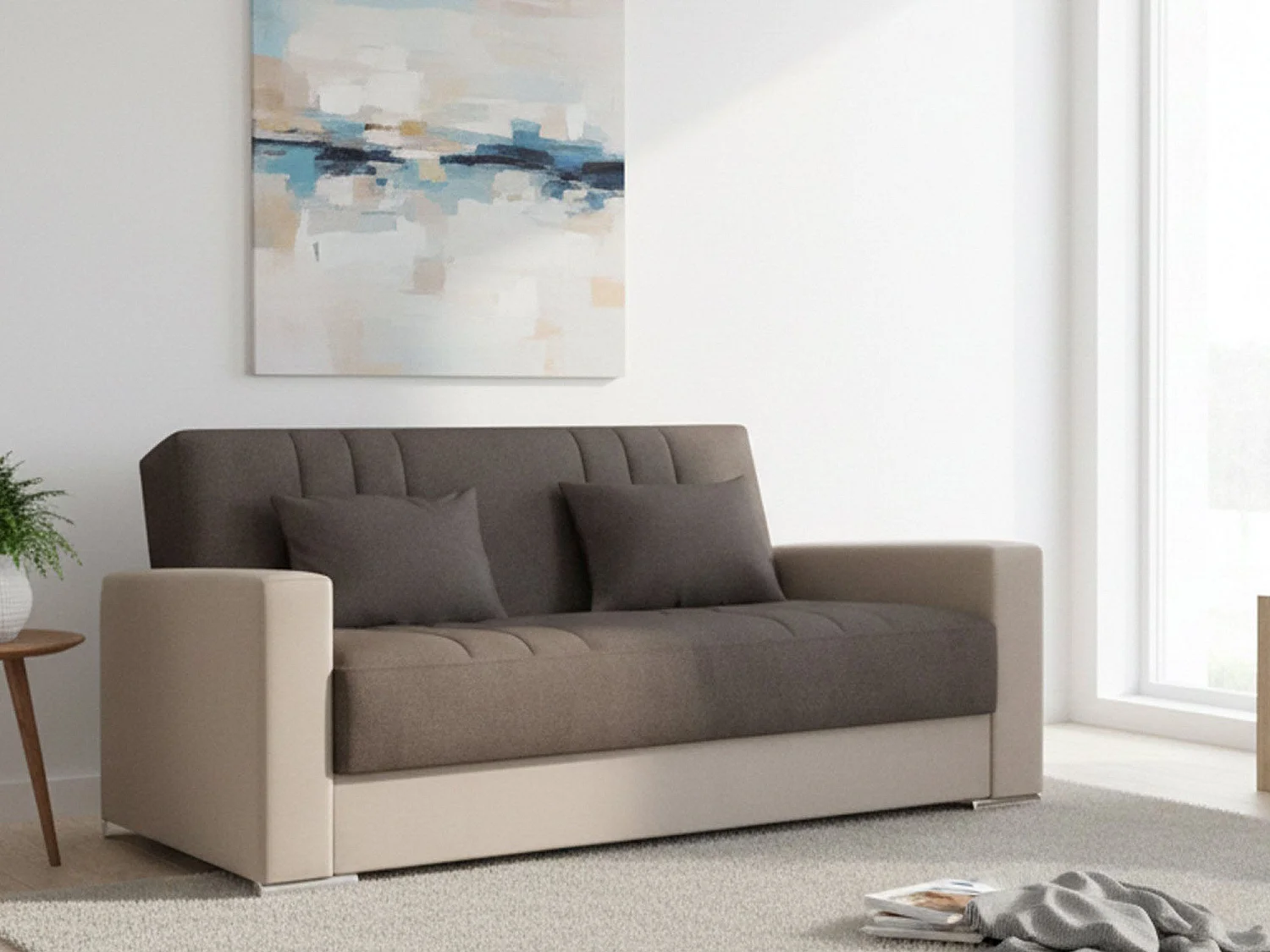 Canapé Dmede, Canapé conteneur 3 places en éco-cuir et tissu, Canapé de salon avec ouverture clic-clac et 2 coussins inclus, 230x96h101 cm, Beige et Gris