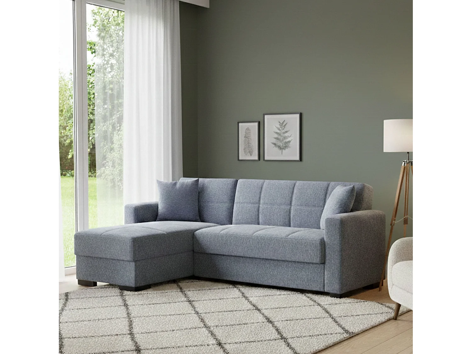 Canapé Ddajca, Canapé d'angle avec péninsule réversible, Canapé de rangement pour le salon avec chaiselongue et 2 coussins, 230x150h81 cm, Gris