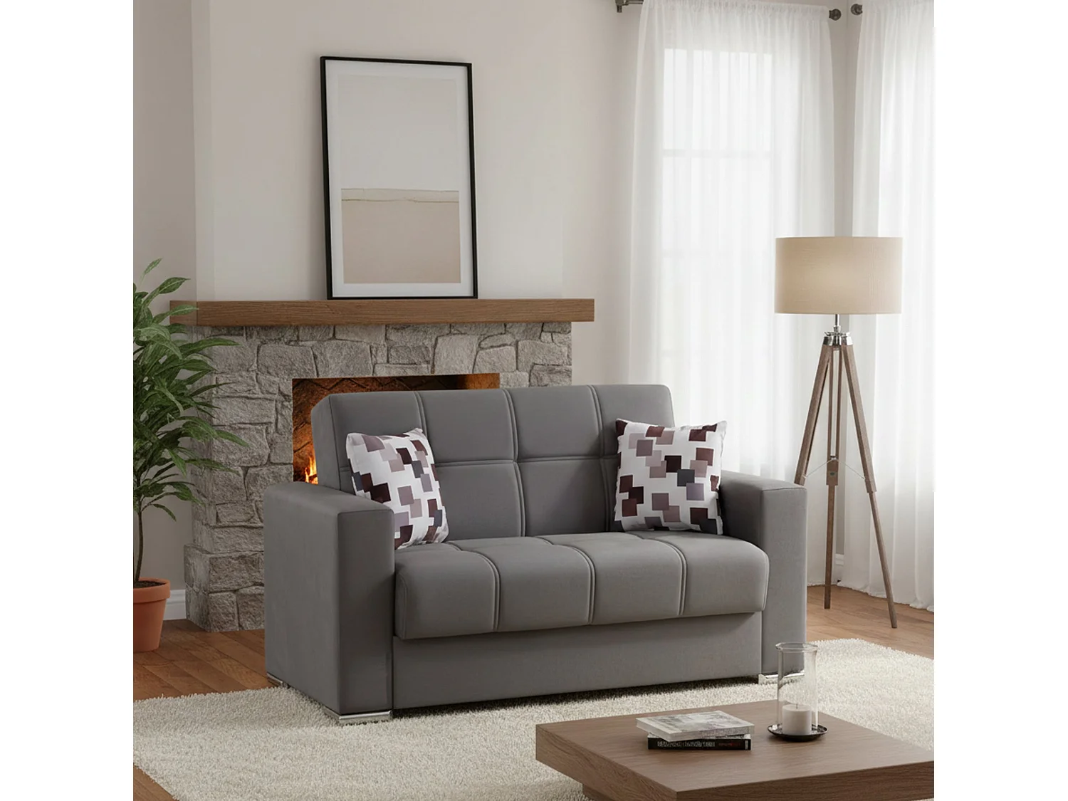 Canapé Dgosen, Canapé conteneur linéaire 2 places, Canapé de salon en tissu rembourré avec ouverture clic-clac, 160x85h91 cm, Gris
