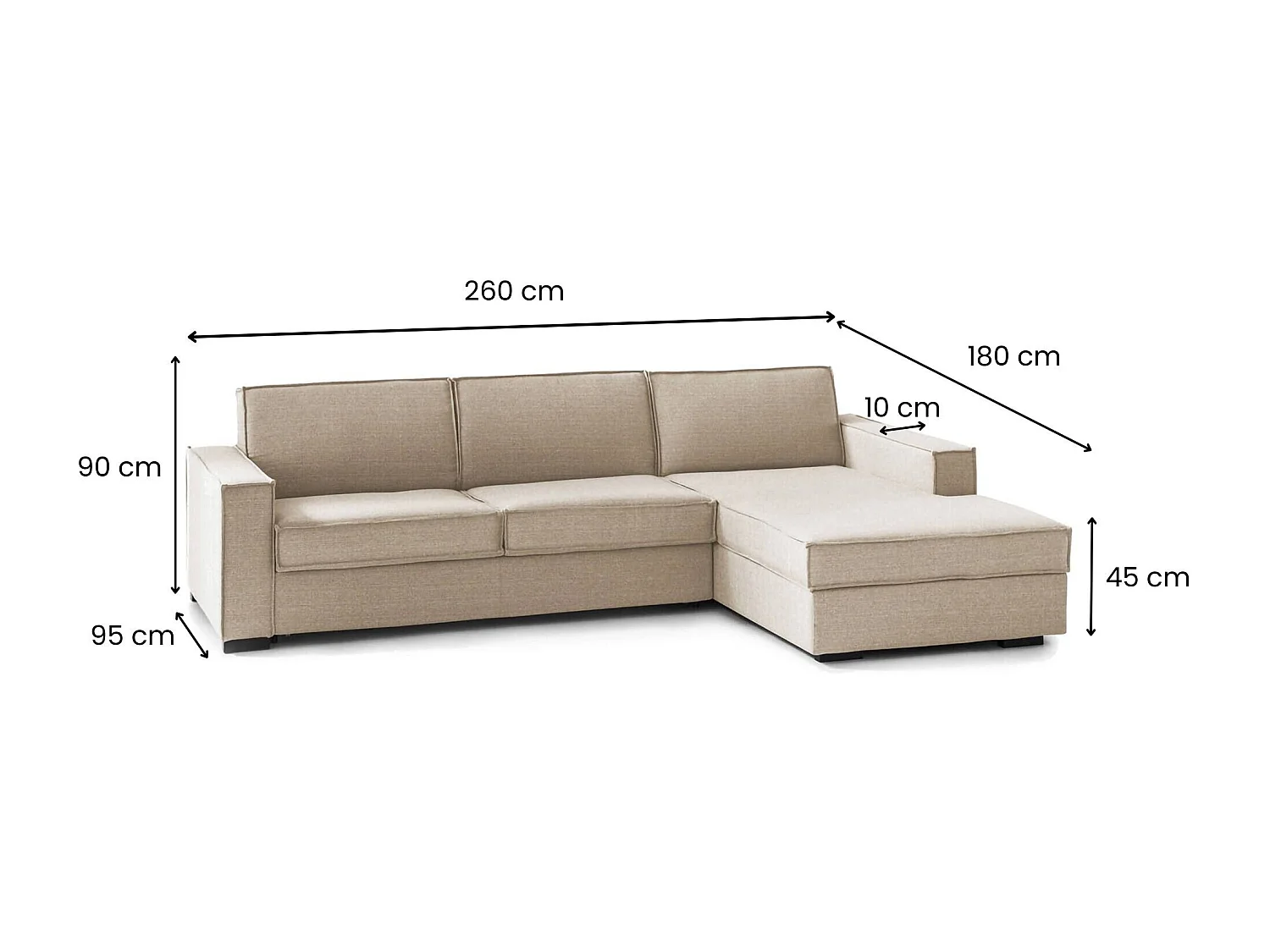 Canapé-lit Daaki, Canapé d'angle, 100% Made in Italy, Canapé avec ouverture pivotante, Péninsule de rangement droite, avec accoudoirs fins, 260x95h90 cm, Beige