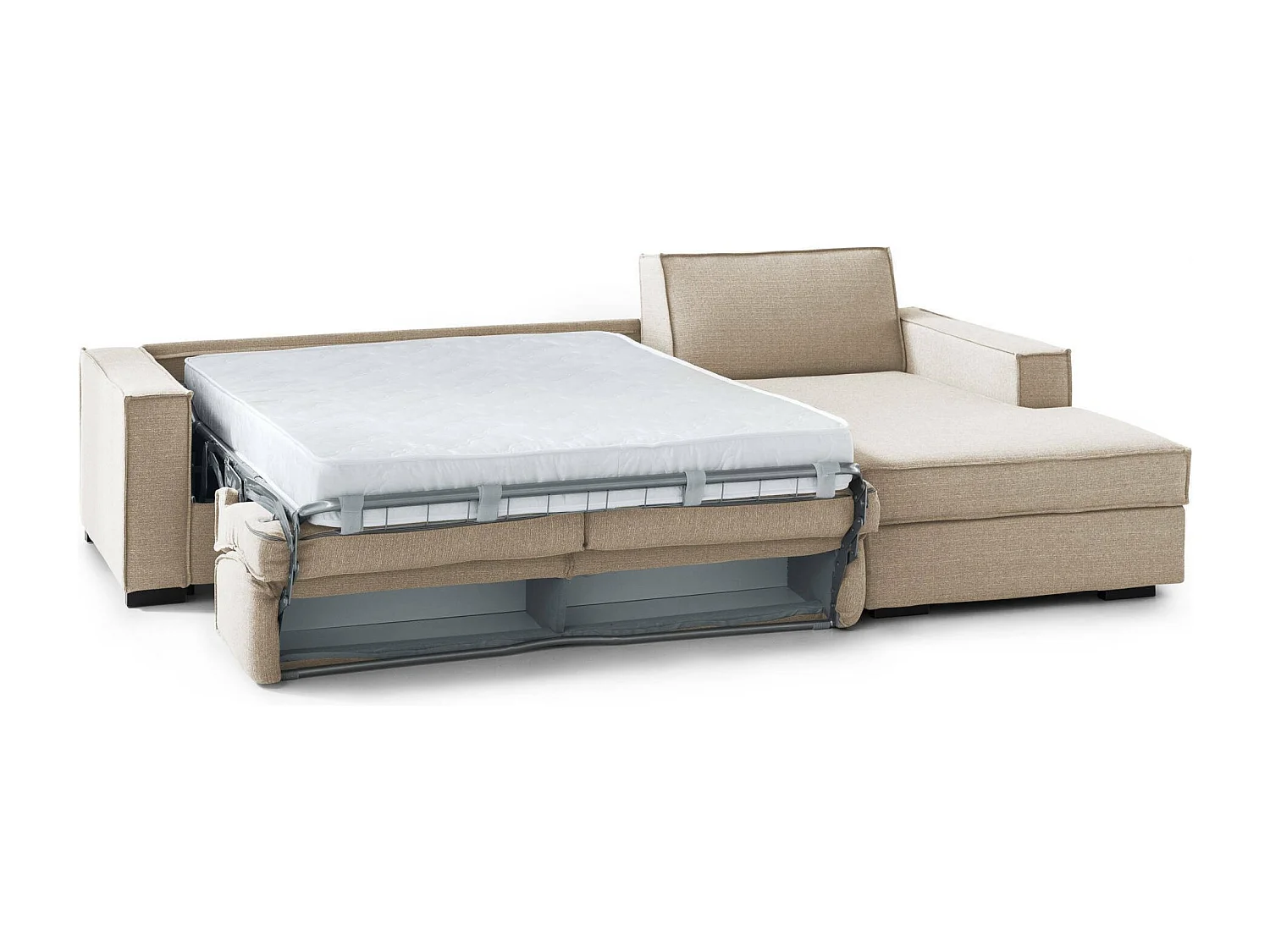 Canapé-lit Daaki, Canapé d'angle, 100% Made in Italy, Canapé avec ouverture pivotante, Péninsule de rangement droite, avec accoudoirs fins, 260x95h90 cm, Beige