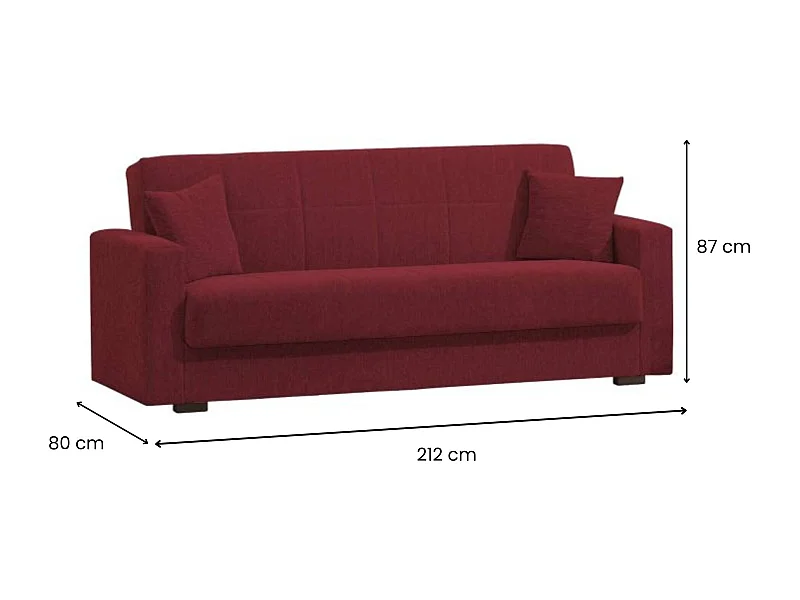Canapé Dlinette, Canapé conteneur 3 places linéaire, Canapé de salon en tissu rembourré avec ouverture clic-clac, 212x80h87 cm, Rouge