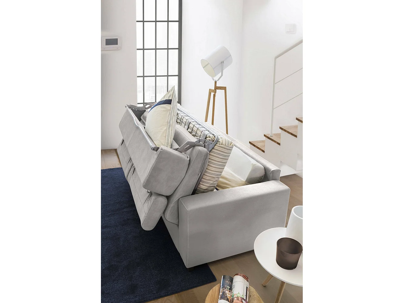 Canapé-lit Daame, canapé 2 places, 100% Made in Italy, Canapé de salon à ouverture pivotante, avec appuie-tête réglables et accoudoirs fins, 160x95h85 cm, Gris