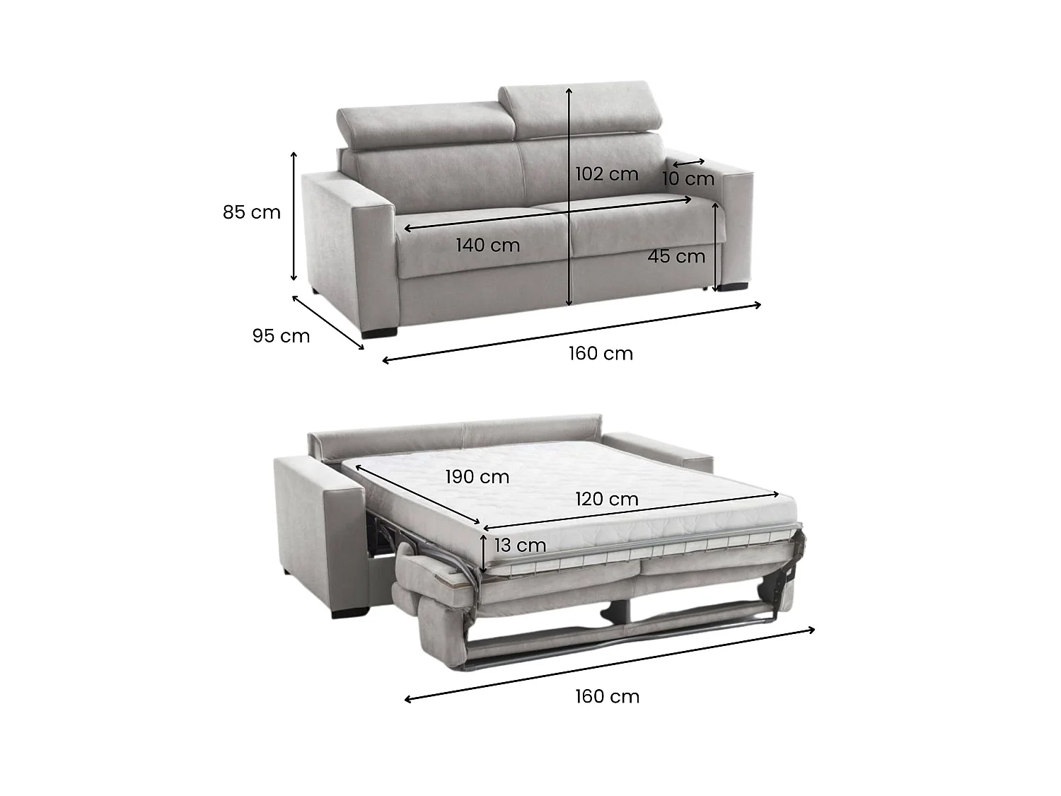 Daame Slaapbank, 2-zitsbank, 100% Made in Italy, Woonkamerbank met draaibare opening, met verstelbare hoofdsteunen en slanke armleuningen, 160x95h85 cm, Grijs