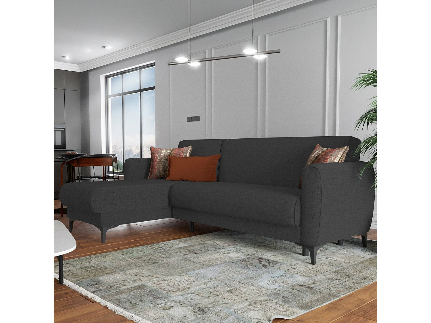 Canapé Dabazo, Canapé d'angle avec péninsule réversible, Canapé de rangement moderne avec méridienne et 3 coussins, 230x153h85 cm, Anthracite
