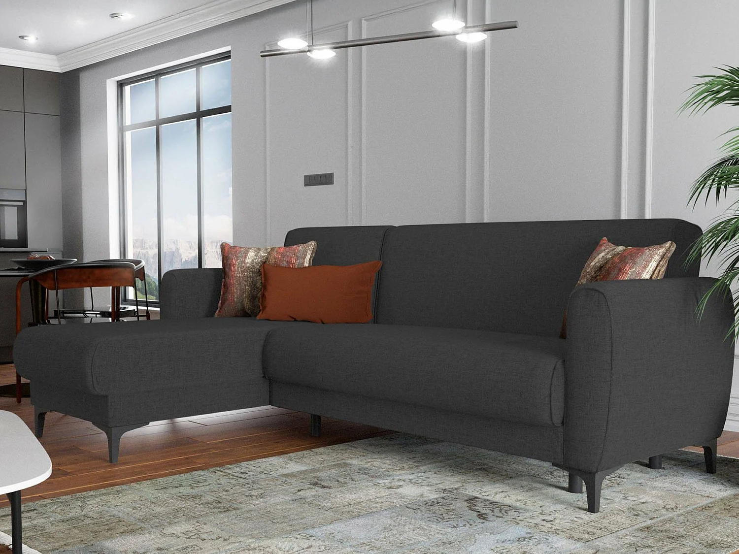 Canapé Dabazo, Canapé d'angle avec péninsule réversible, Canapé de rangement moderne avec méridienne et 3 coussins, 230x153h85 cm, Anthracite