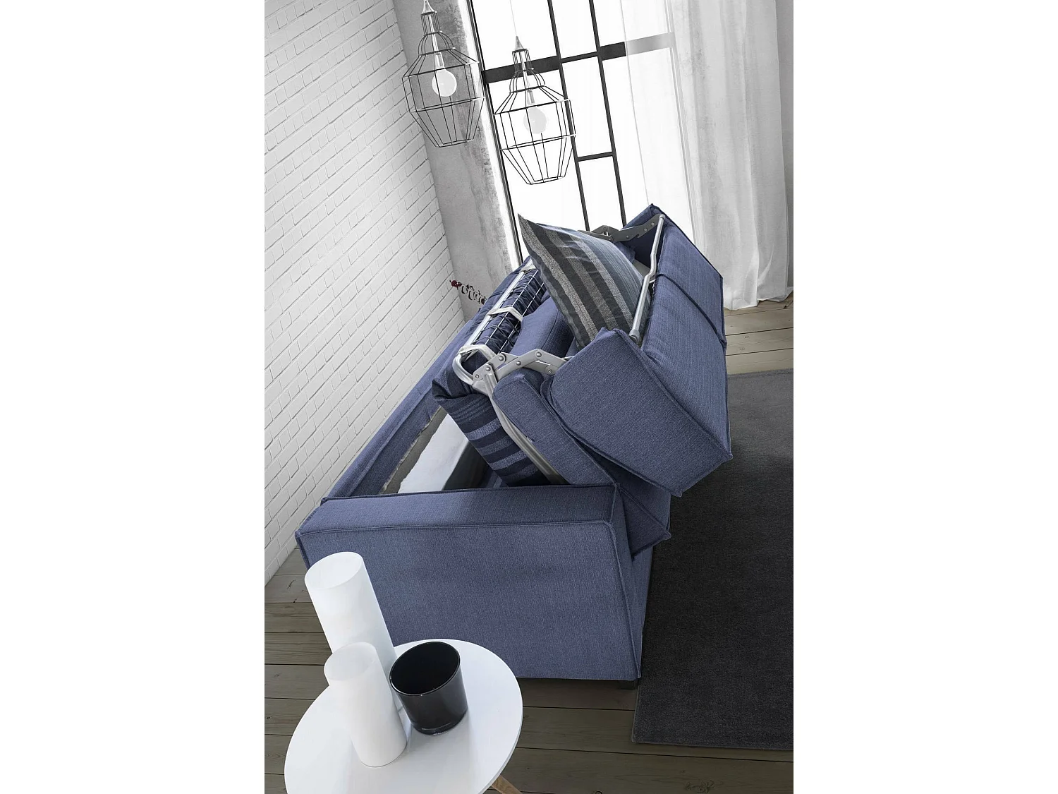 Canapé-lit Dmarull, canapé 2 places, 100% Made in Italy, Canapé de salon à ouverture pivotante, en tissu rembourré, avec accoudoirs fins, 160x95h90 cm, Bleu